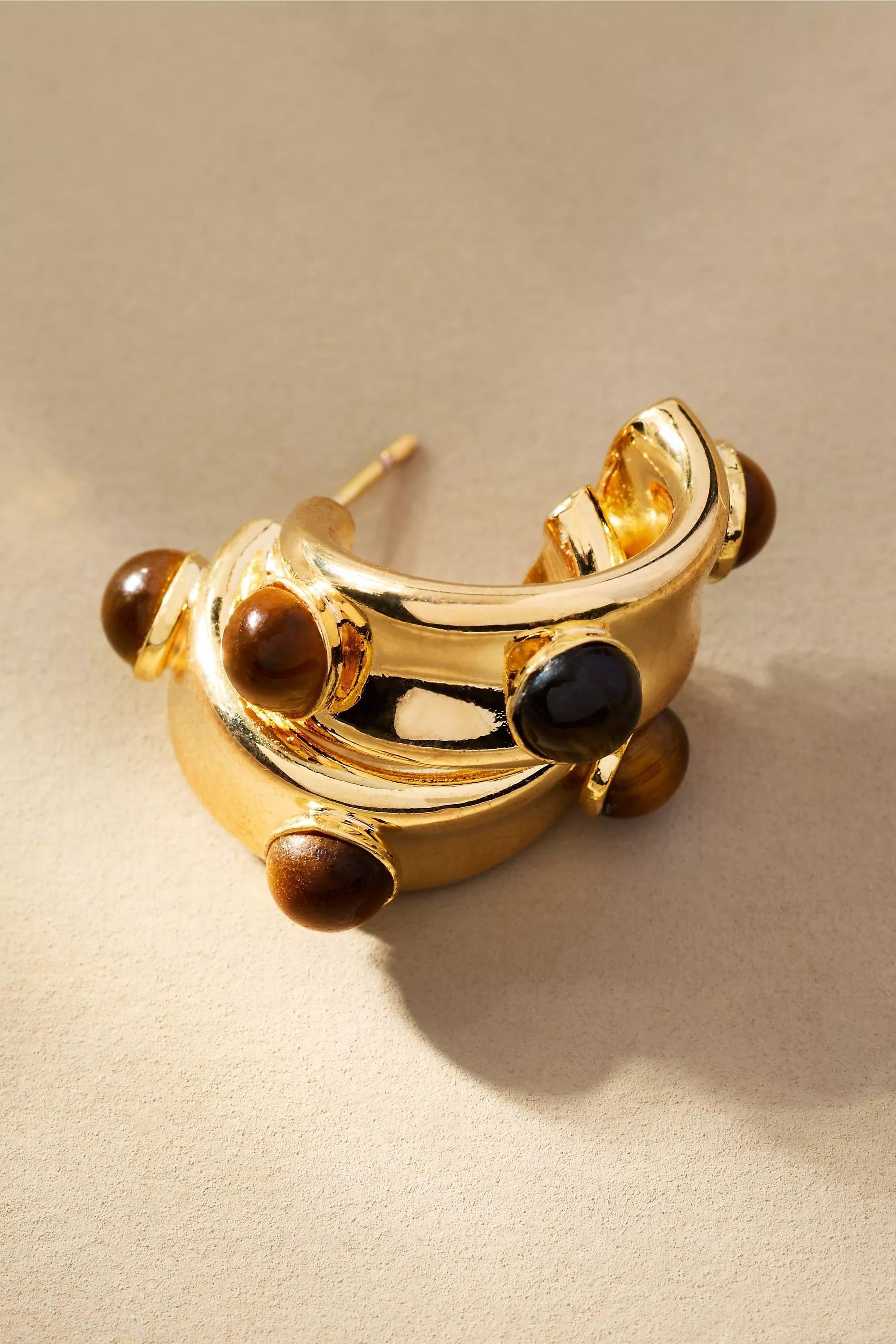 Stone Dot Curved Earrings, Brown, A501_0020, large image number 3