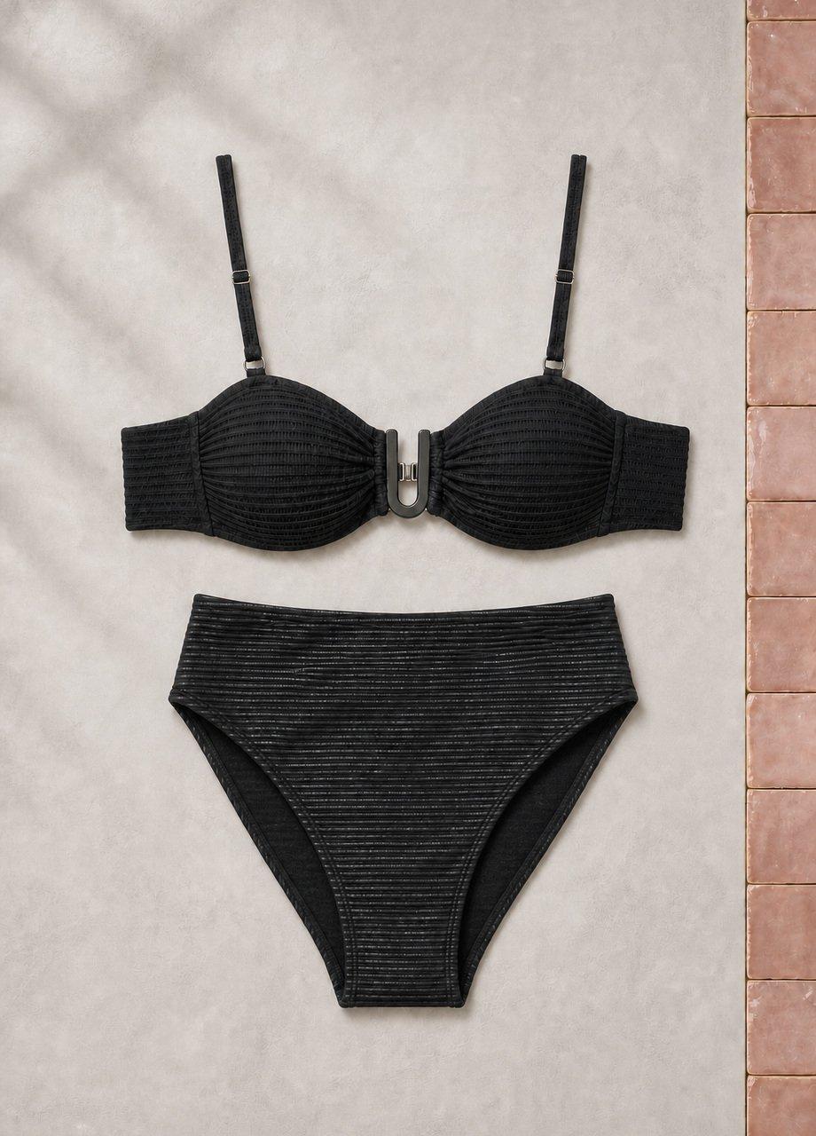 Ribbed Bandeau Bikini Top, Black, Black, medium
