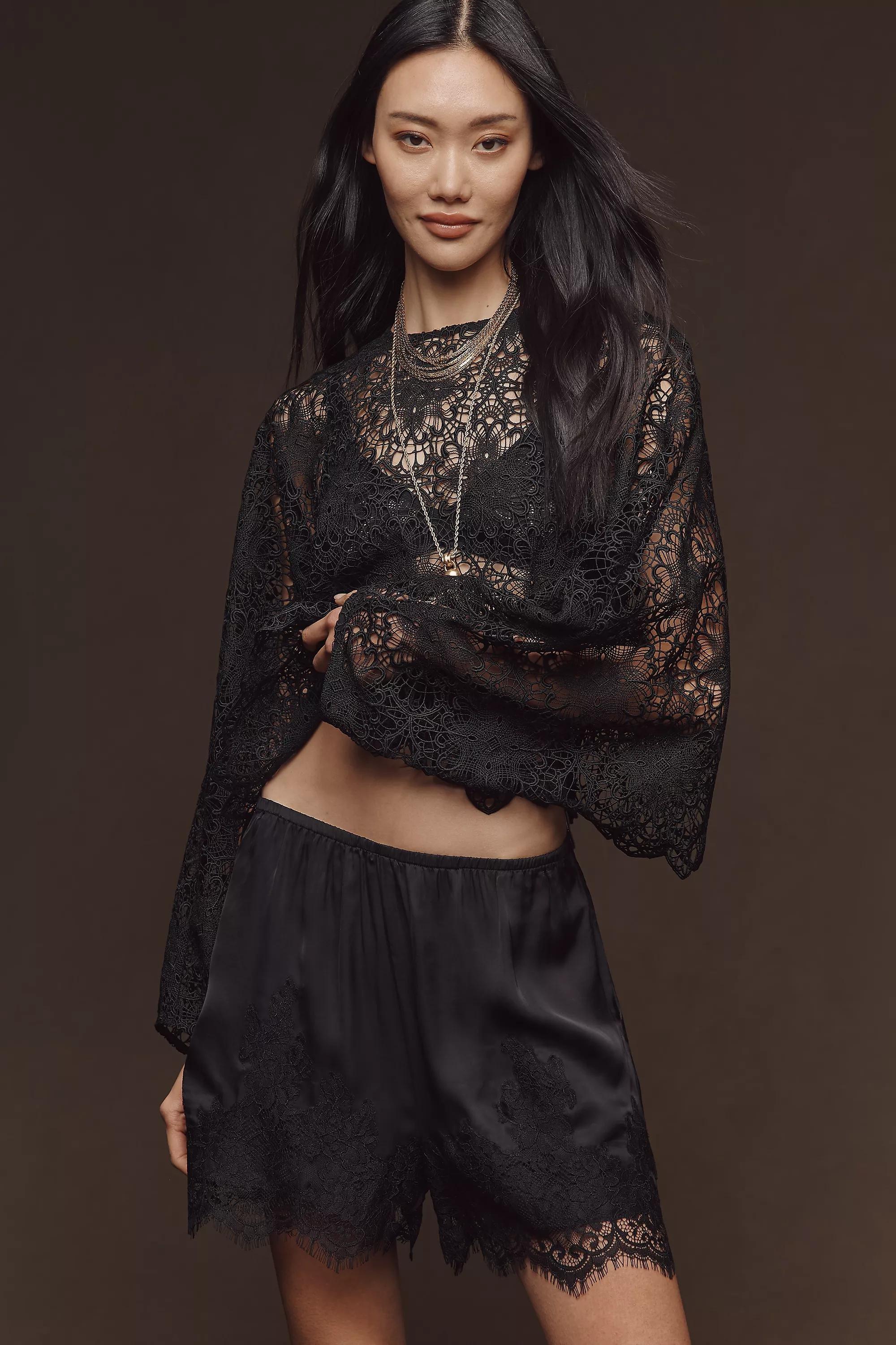 Lyrebird Lace-Trim Silky Shorts, Black, A501_0001, medium