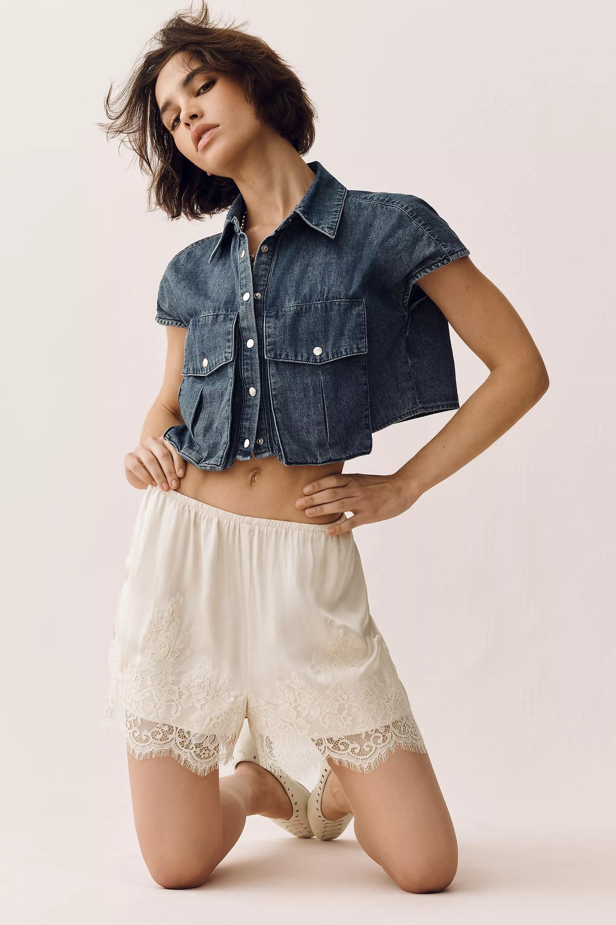 By Lyrebird Lace-Trim Silky Shorts, White, Cream, large image number 0