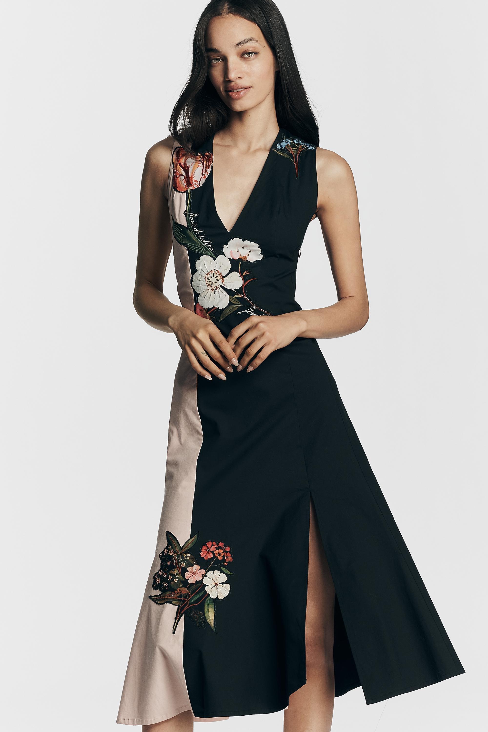 By Anthropologie Sleeveless V-Neck Deco A-Line Dress, Black, Black, large image number 2