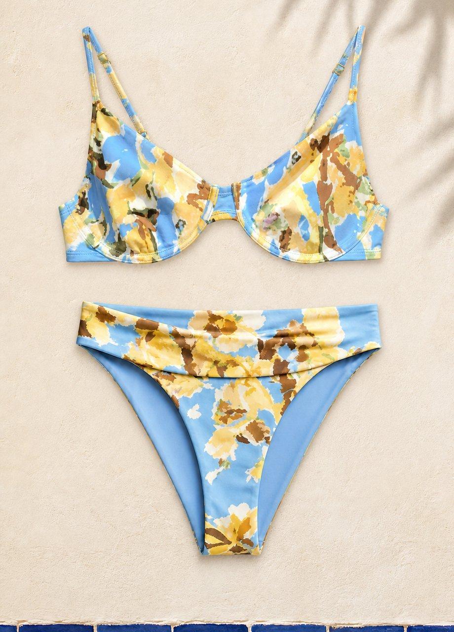 Floral Underwire Bikini Top, Blue, Black, large image number 2
