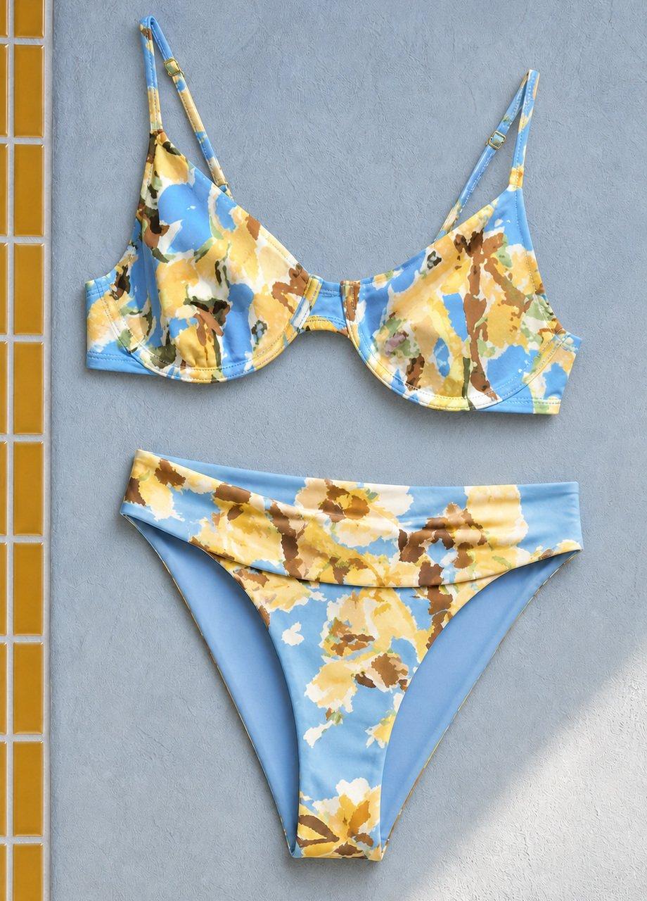 Floral Foldover Bikini Bottom, Blue, Black, large image number 2