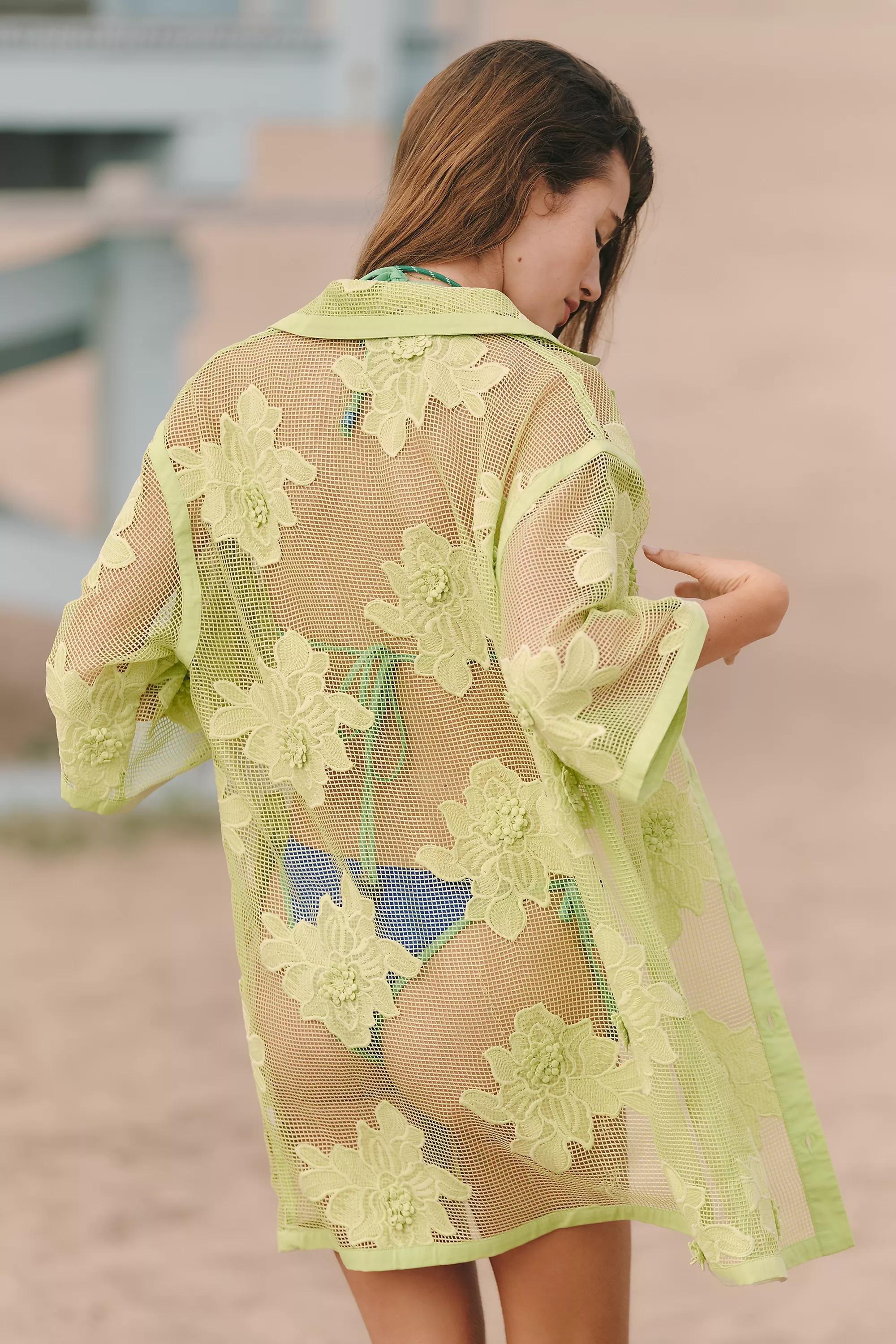 Sunday In Brooklyn Sheer Cutwork Open-Front Top, Green, A501_0237, large image number 1