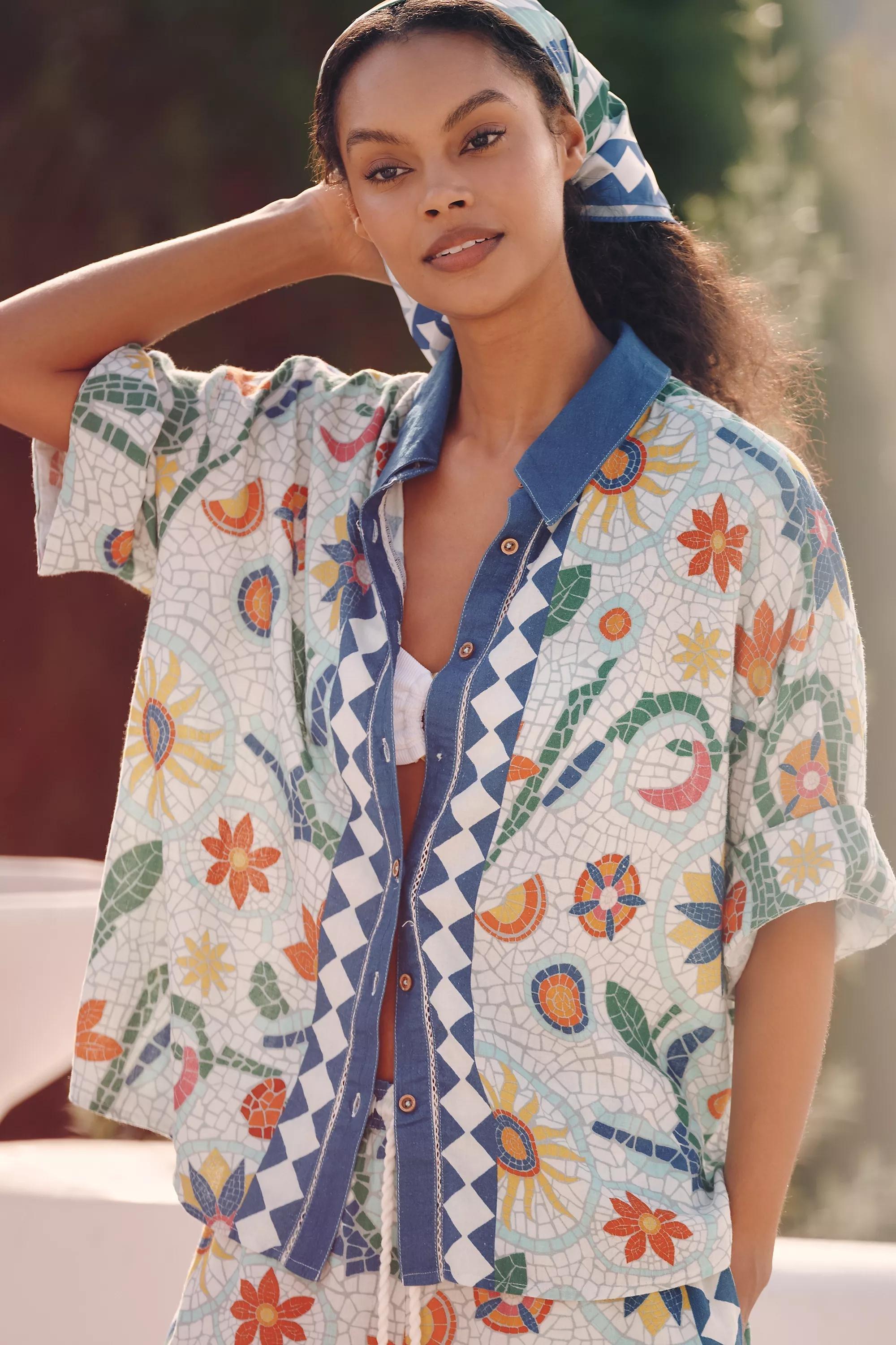 By Celandine Linen-Blend Button-down Shirt, Multicolour, A501_0105, large image number 3