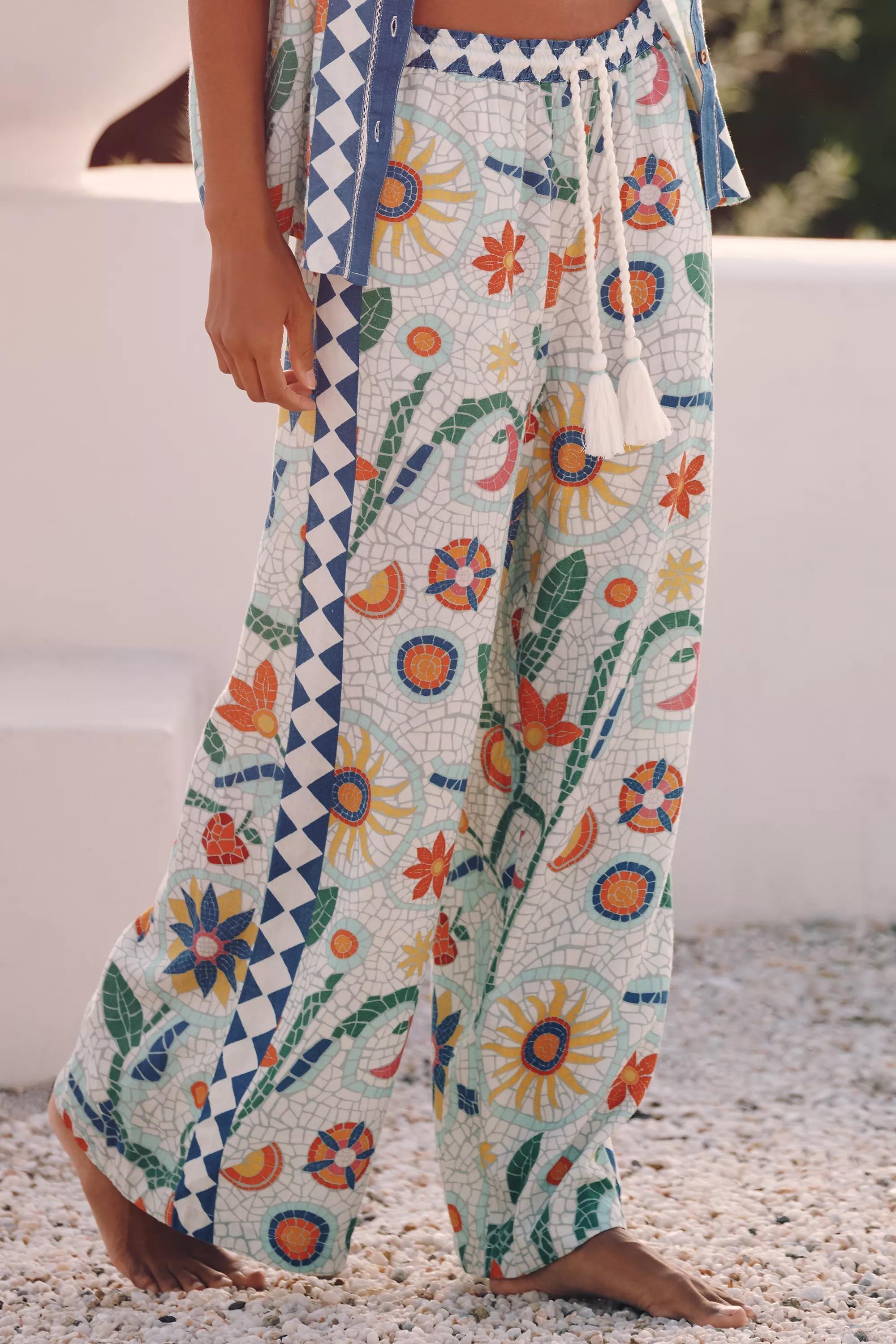 By Celandine Linen-Blend Wide-Leg Pull-On Trousers, Multicolour, Green, large image number 3