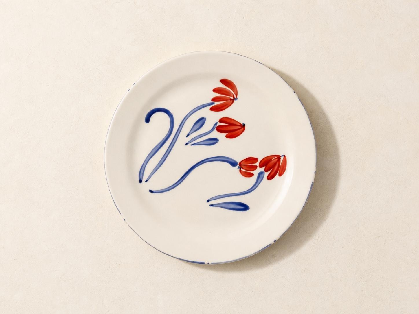 Hand-Painted Tulip Motif Ceramic Dinner Plate, White, Blue, large image number 0