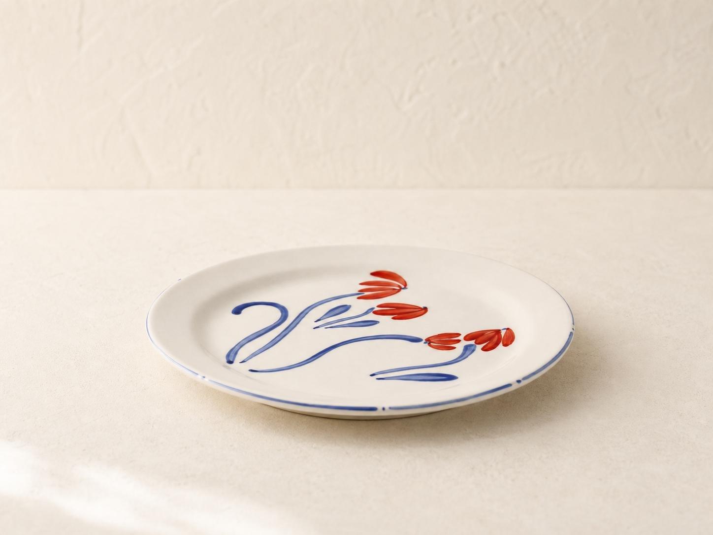 Hand-Painted Tulip Motif Ceramic Dinner Plate, White, Blue, large image number 1