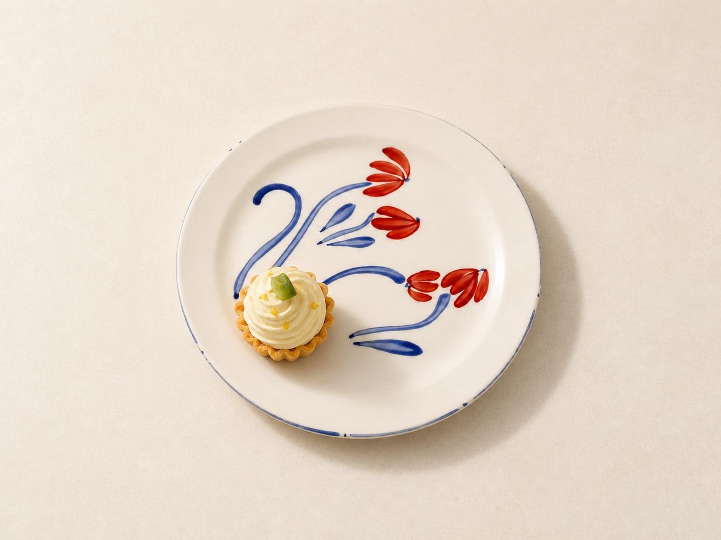 Hand-Painted Tulip Motif Ceramic Dinner Plate, White, Blue, large image number 2