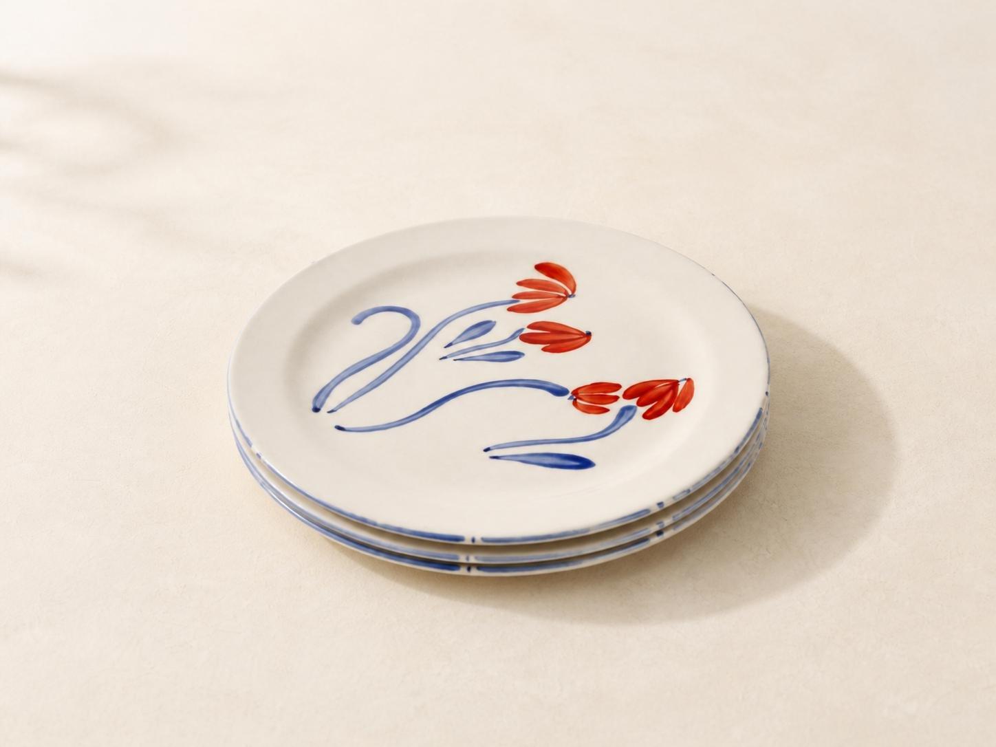 Hand-Painted Tulip Motif Ceramic Dinner Plate, White, Blue, large image number 3