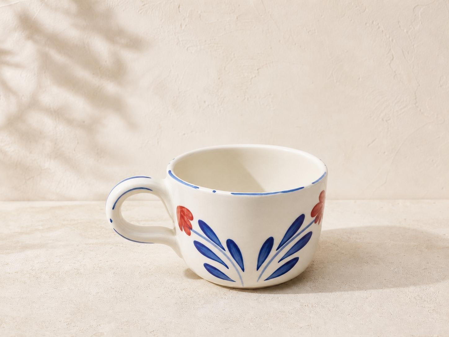 Hand-Painted Floral Ceramic Mug, White, Blue, large image number 1