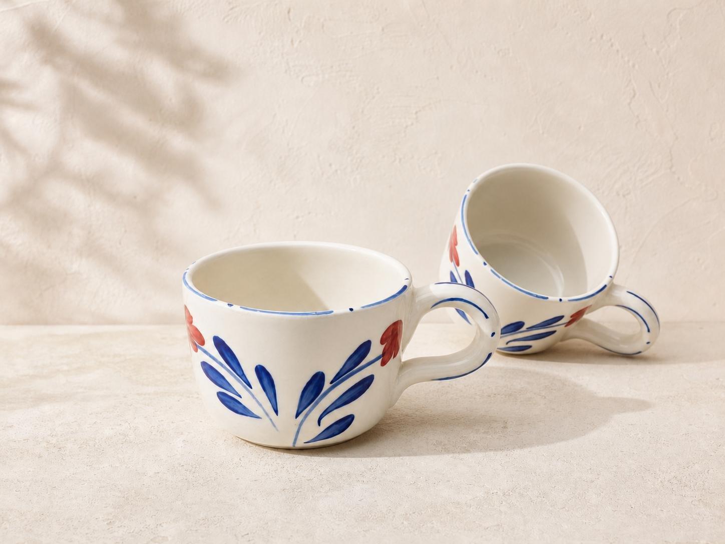 Hand-Painted Floral Ceramic Mug, White, Blue, large image number 3