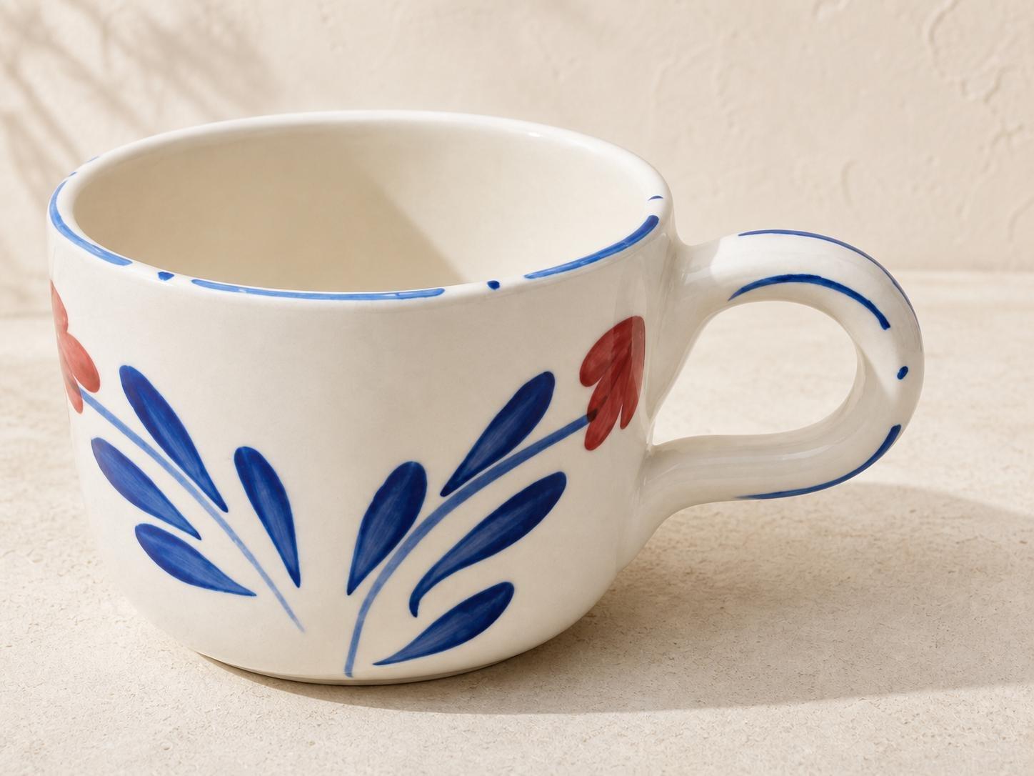 Hand-Painted Floral Ceramic Mug, White, Blue, large image number 4