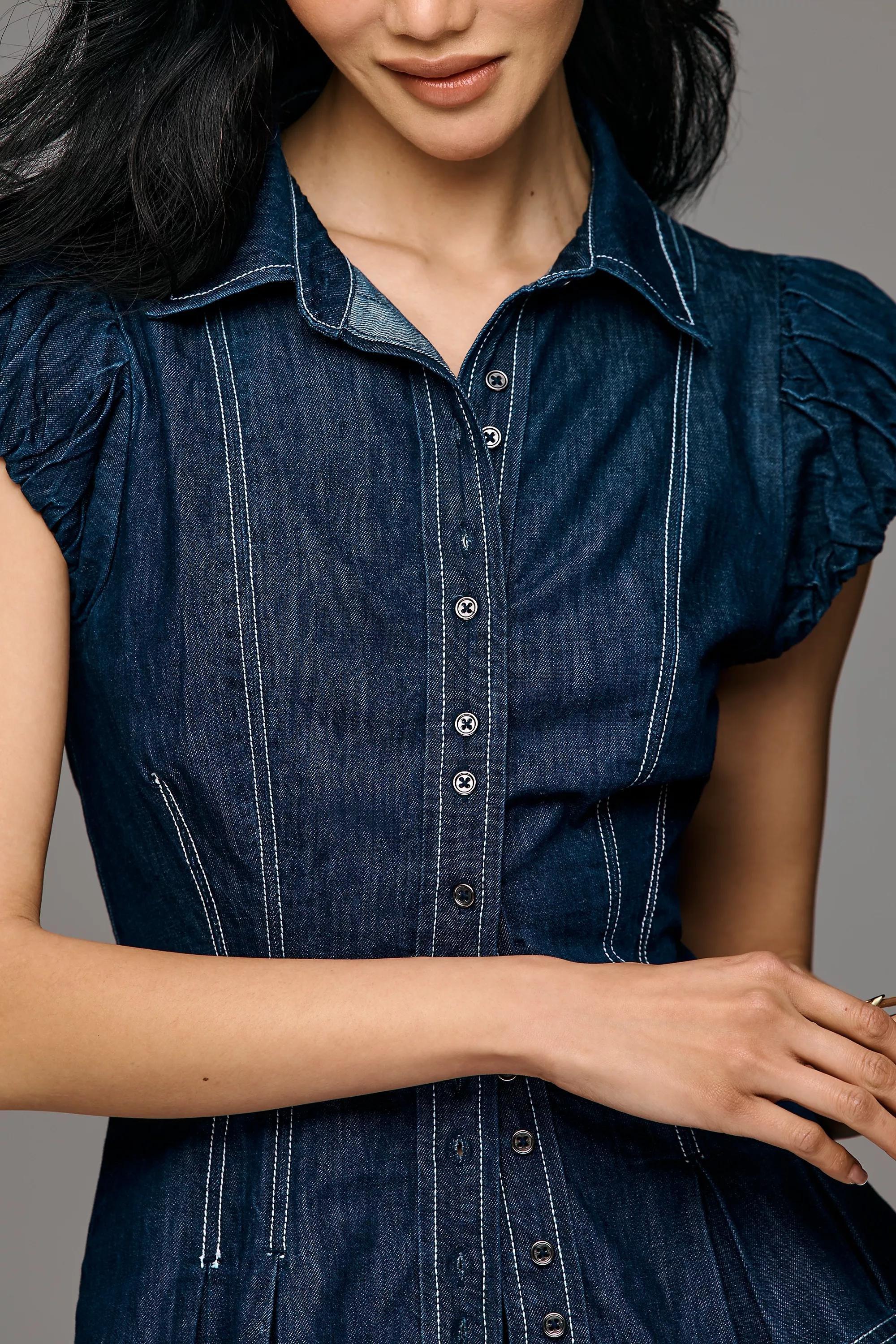 Pilcro Denim Puff Sleeve Top, Navy, Blue, medium