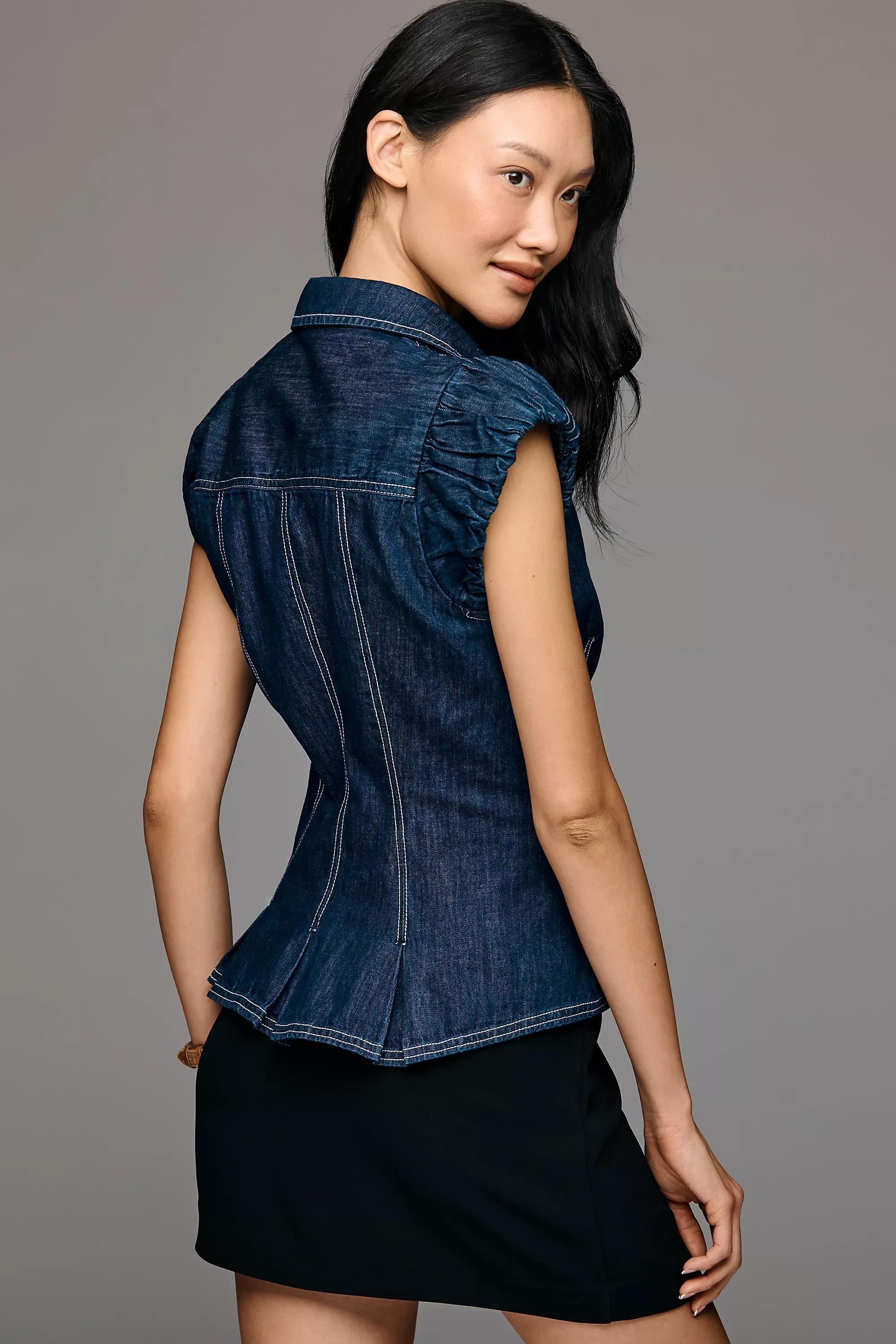 Pilcro Denim Puff Sleeve Top, Navy, Blue, medium