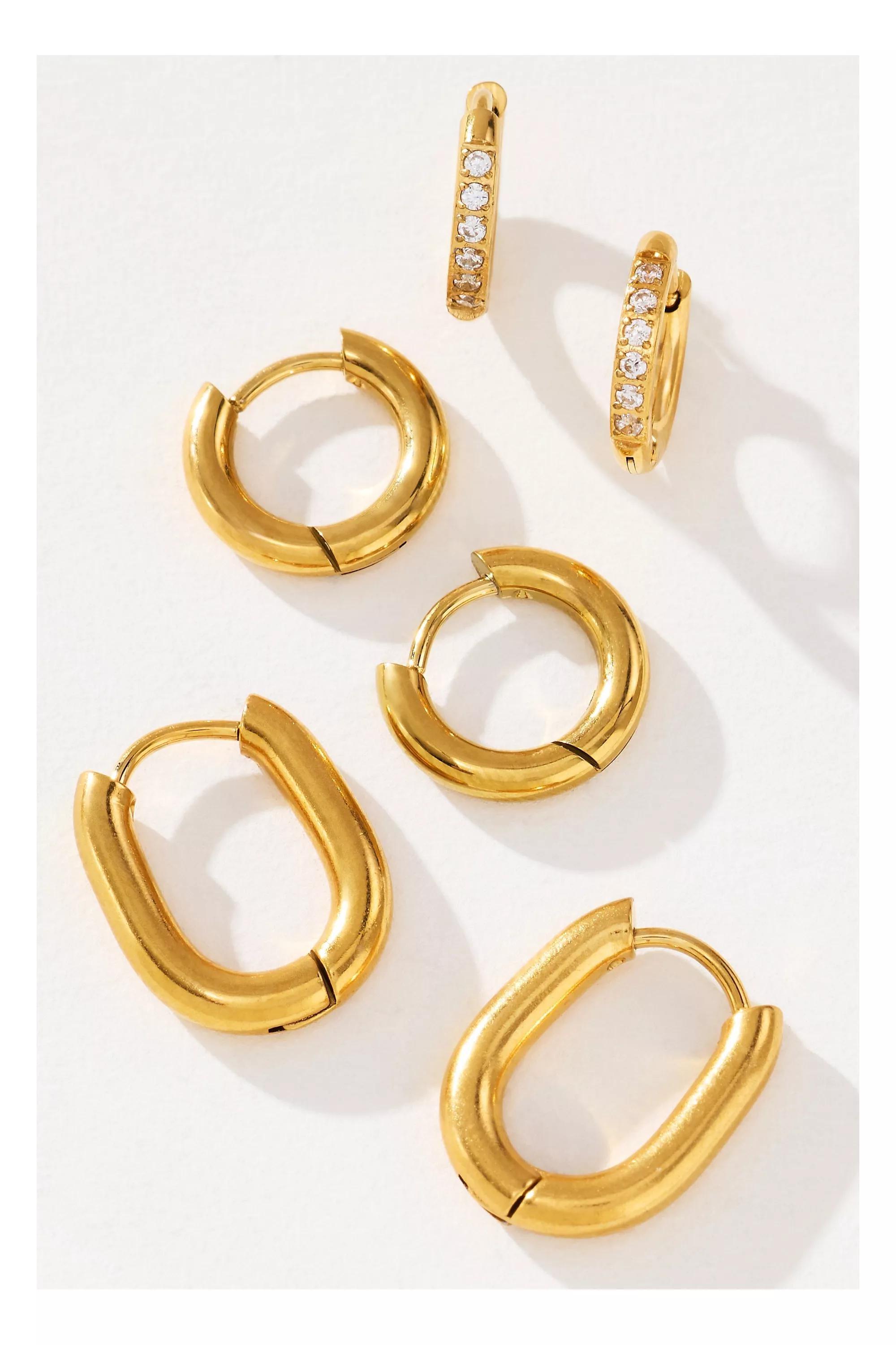 Huggie Hoop Earrings, Set Of 3, Gold, Gold, medium
