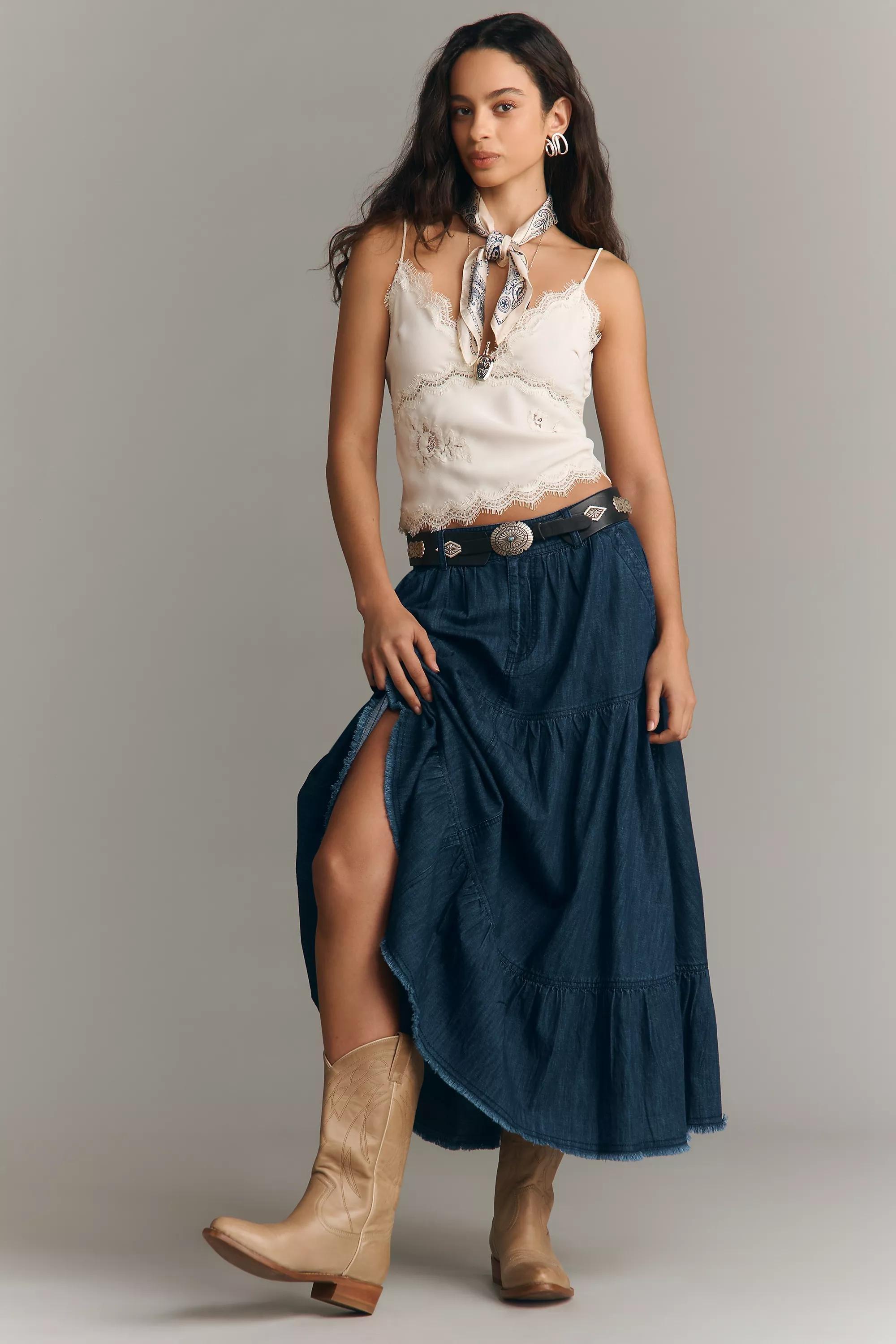 By Pilcro Tiered Denim Maxi Skirt, Navy, A501_0091, large image number 0
