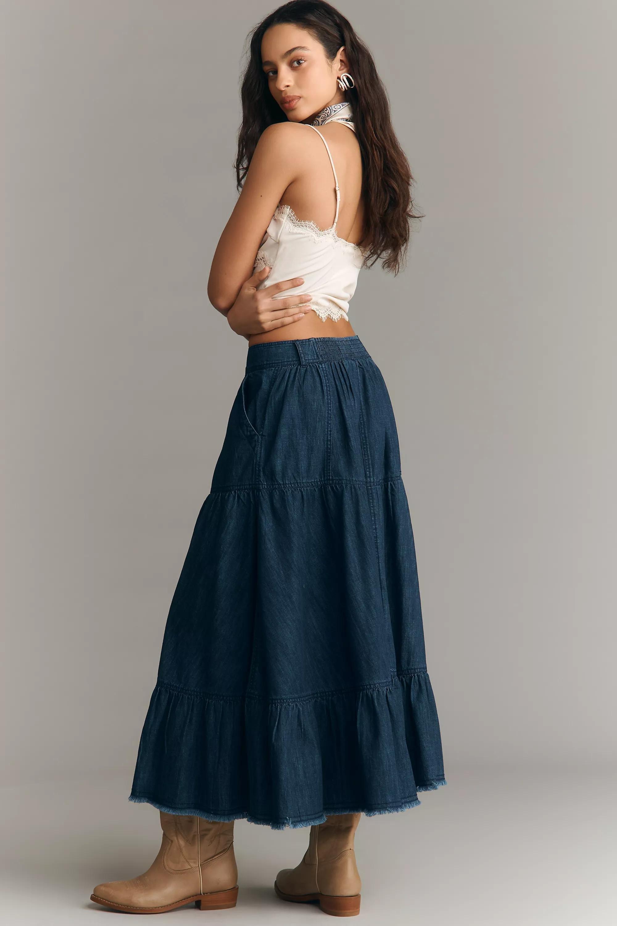By Pilcro Tiered Denim Maxi Skirt, Navy, A501_0091, large image number 1