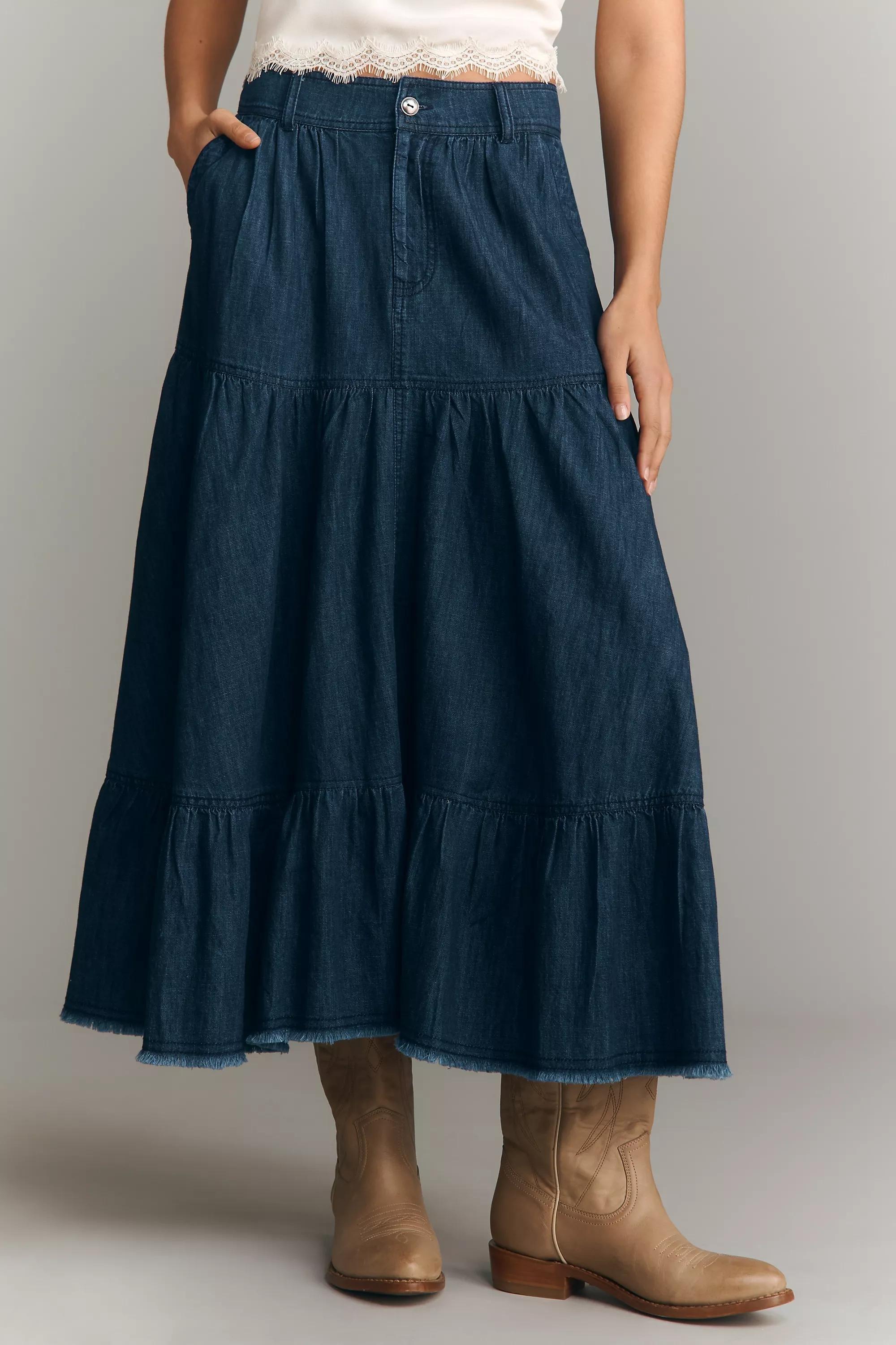 By Pilcro Tiered Denim Maxi Skirt, Navy, A501_0091, large image number 3