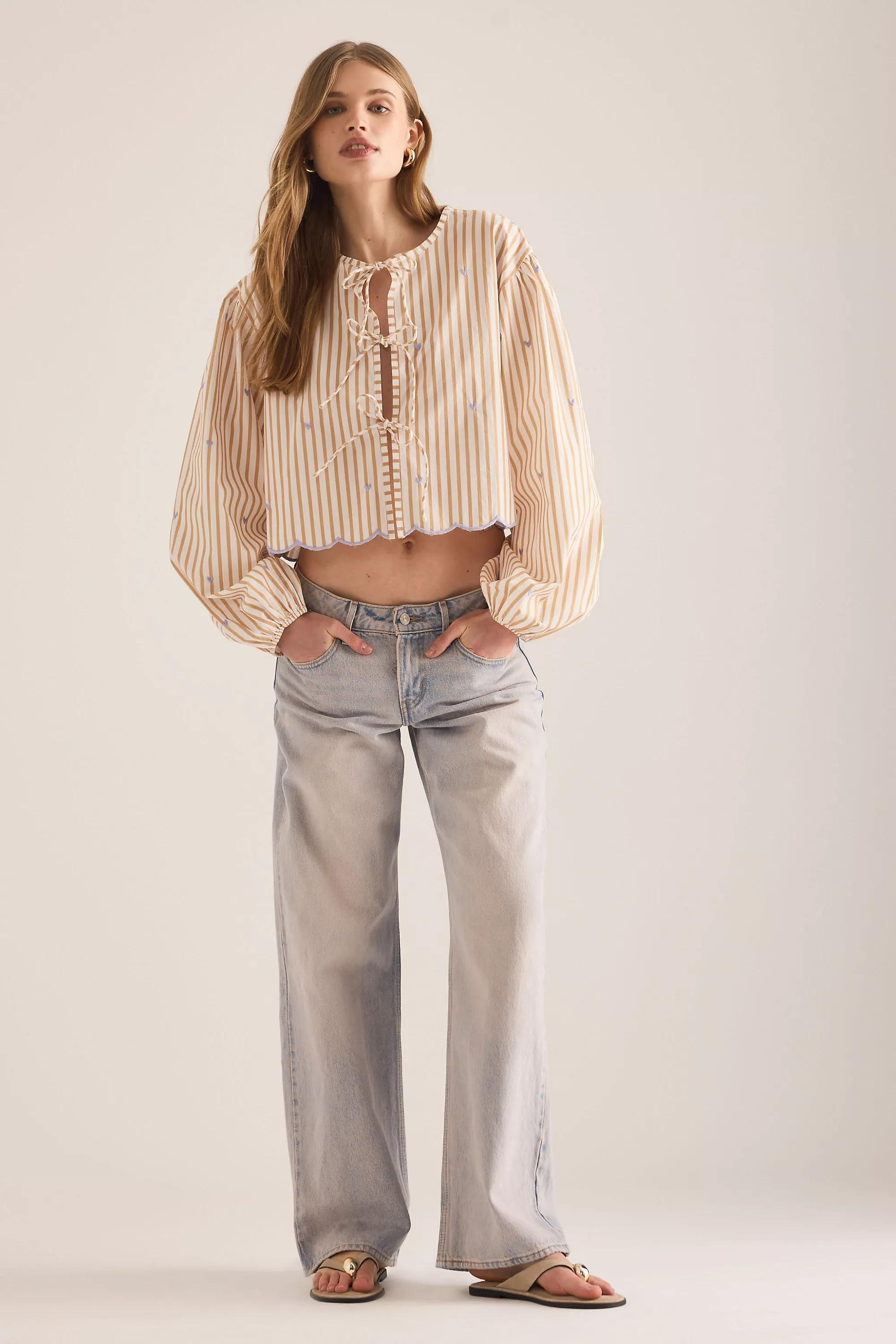 By Maeve Tie-Front Puff-Sleeve Shirt, Brown, A501_0029, large image number 2