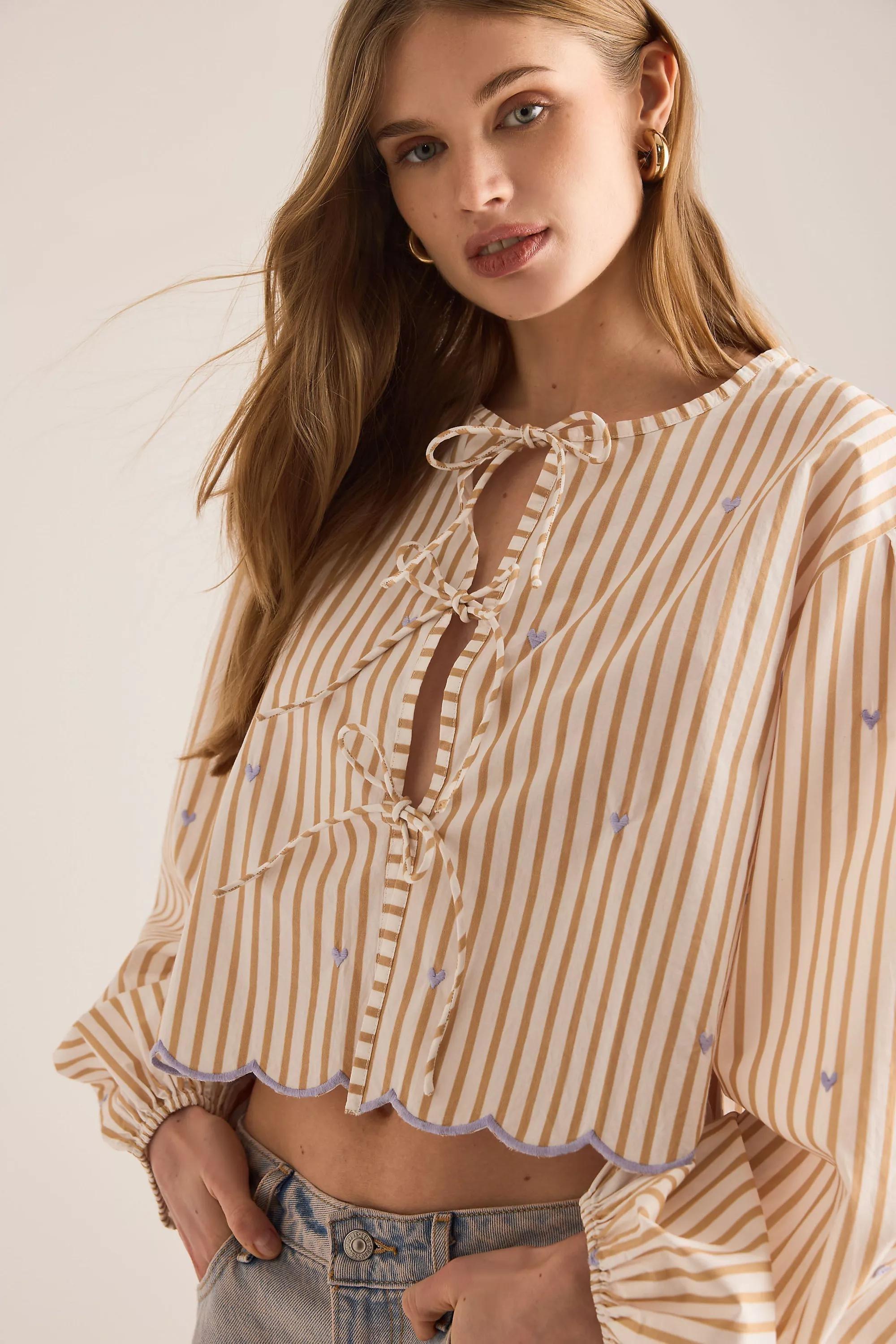 By Maeve Tie-Front Puff-Sleeve Shirt, Brown, A501_0029, large image number 3