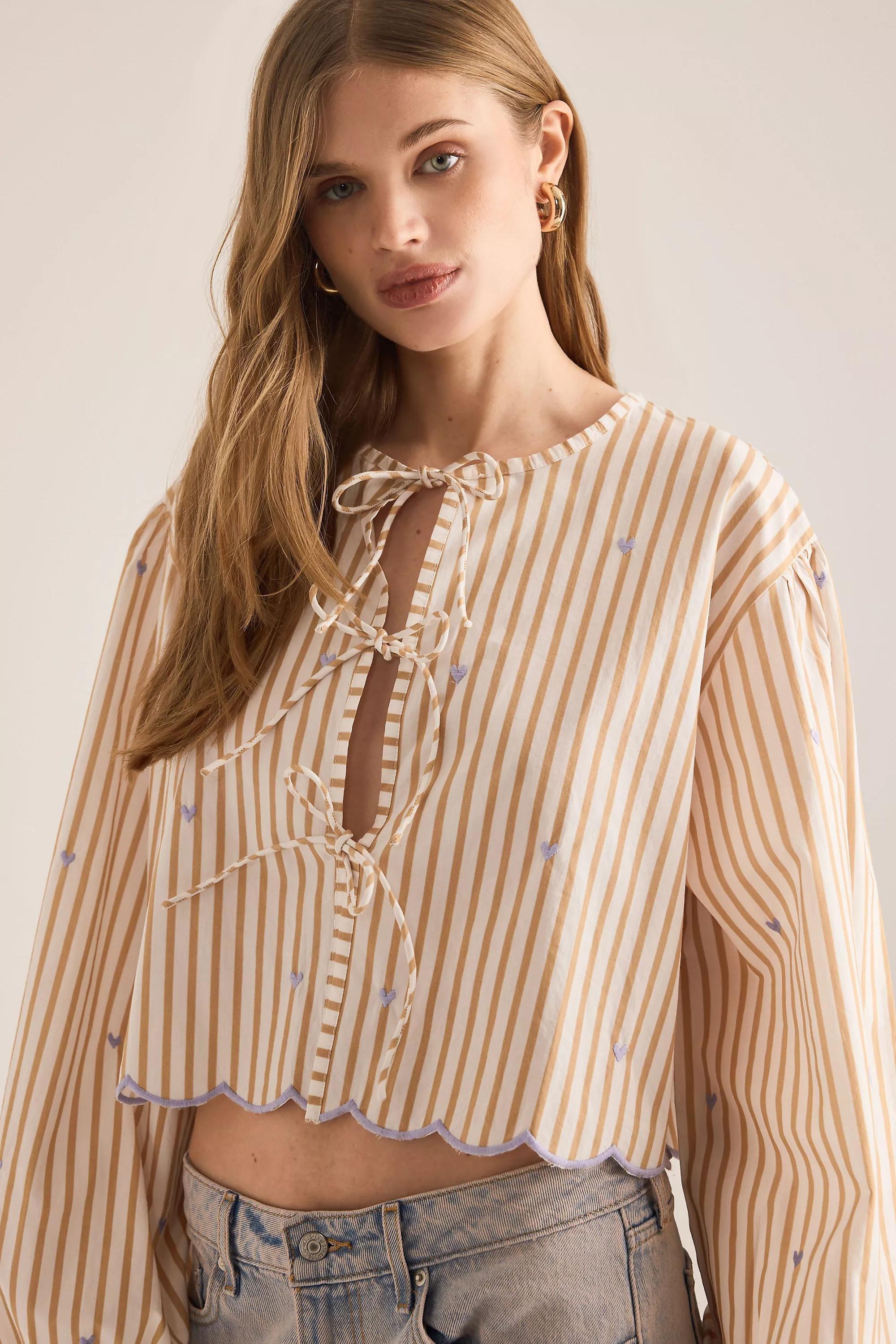 By Maeve Tie-Front Puff-Sleeve Shirt, Brown, A501_0029, large image number 5