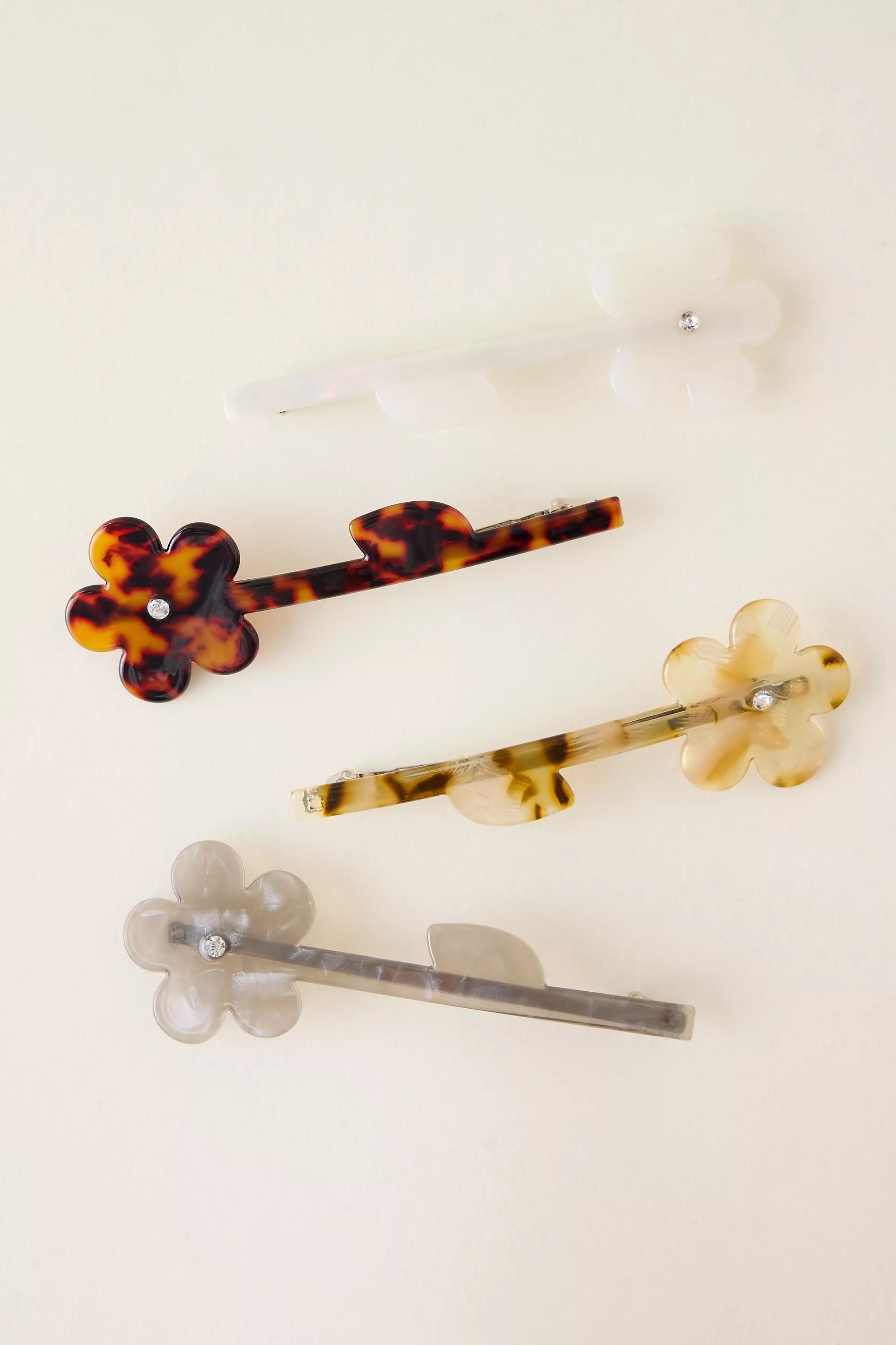 Flower Barrette Hair Clips, Set of 4, Beige, A501_0014, large image number 3