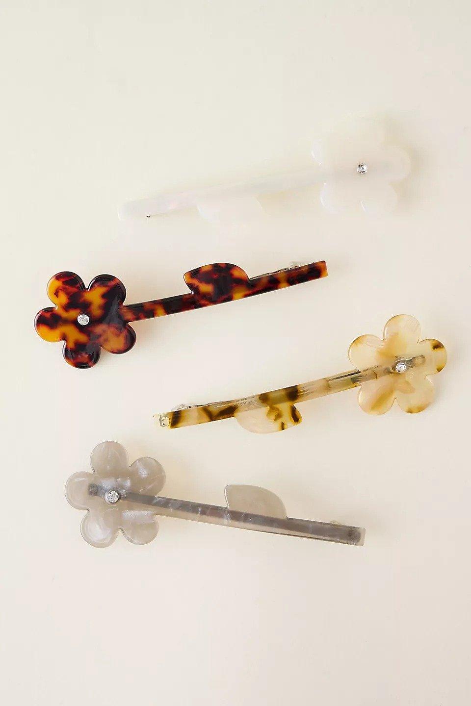 Flower Barrette Hair Clips, Set of 4, Beige, A501_0014, large image number 4