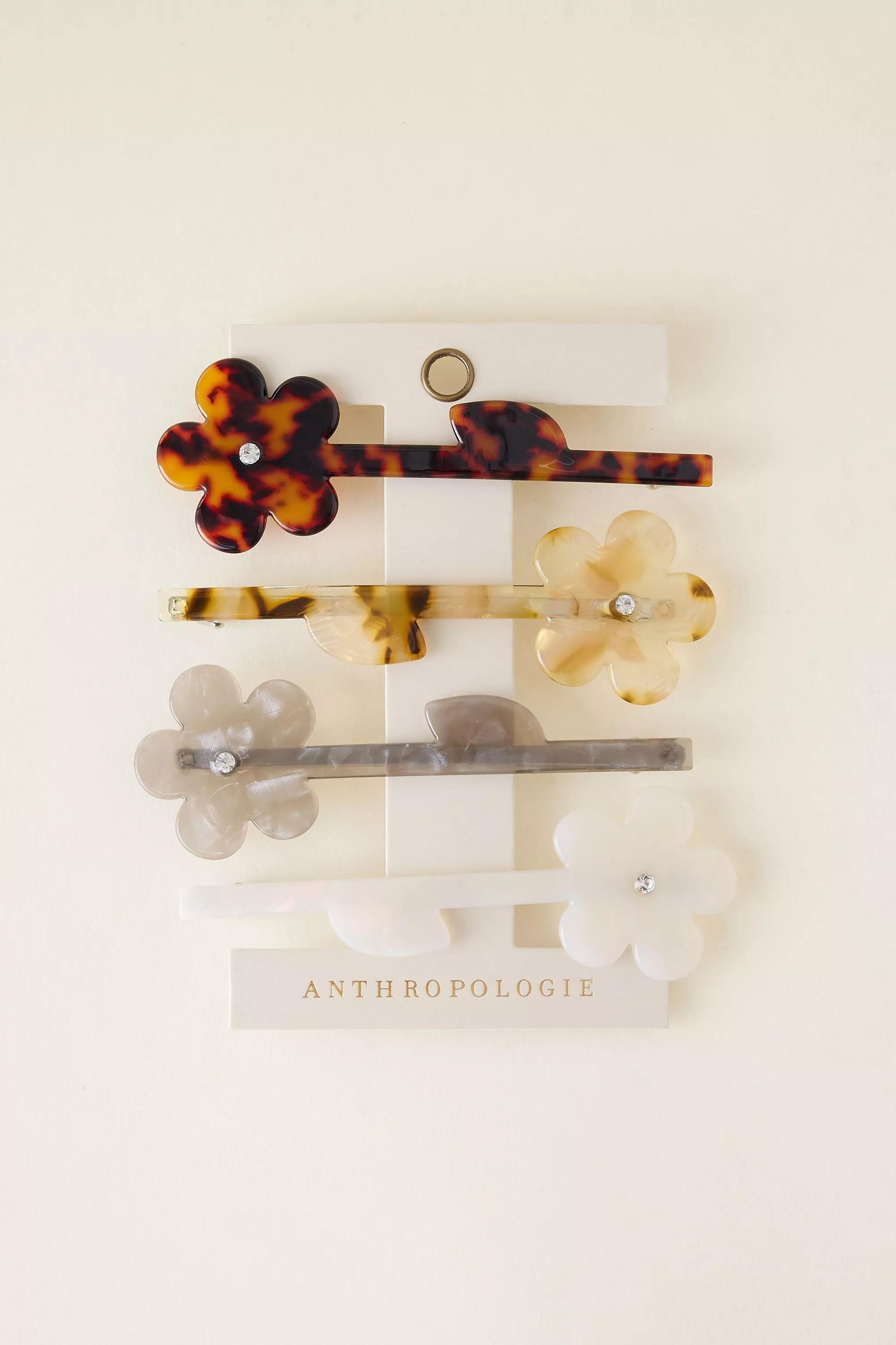 Flower Barrette Hair Clips, Set of 4, Beige, A501_0014, large image number 6