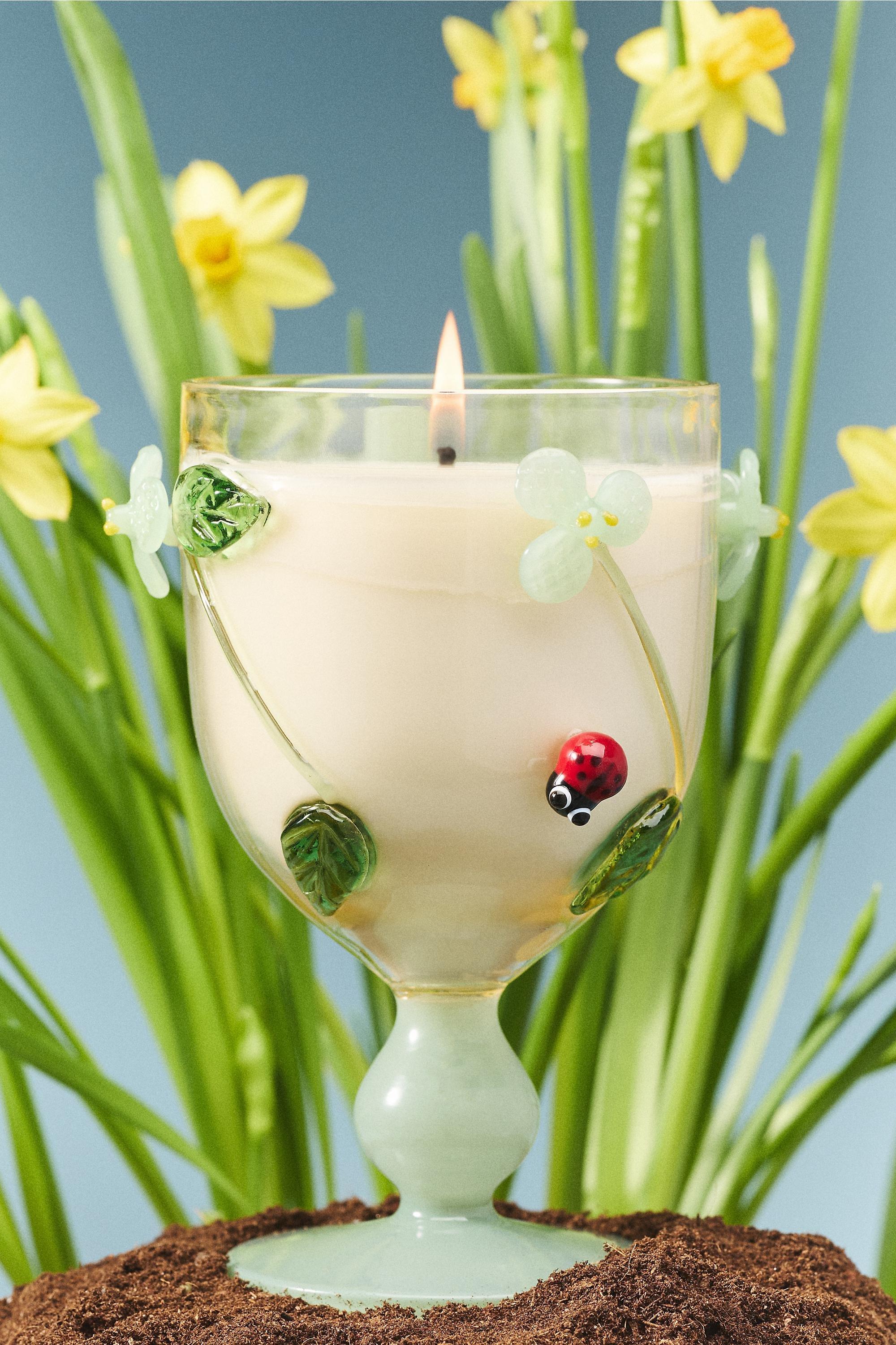 GREEN Vined Floral Seaside Flowers & Sandalwood Glass Candle, Green, large image number 0