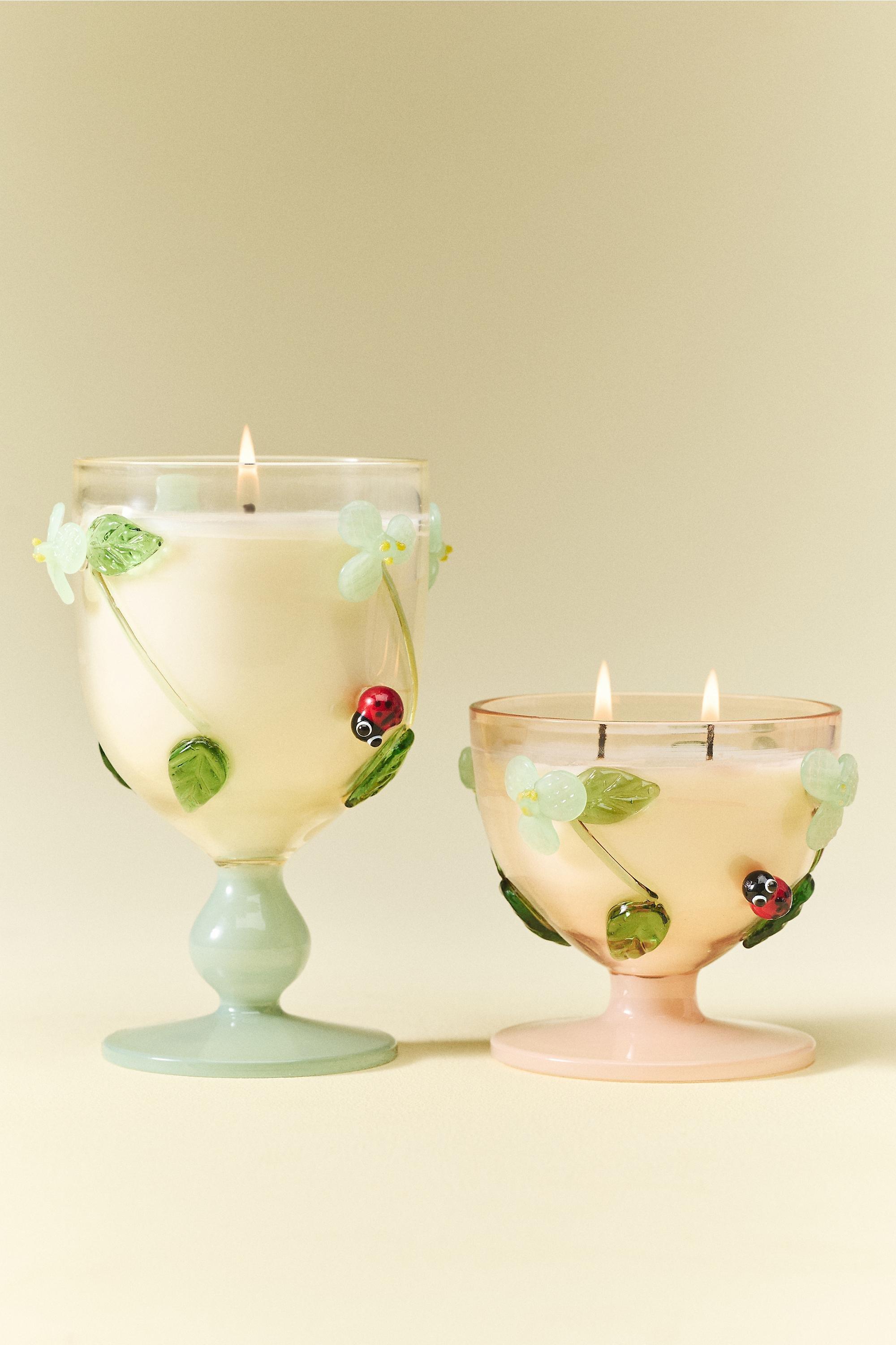 GREEN Vined Floral Seaside Flowers & Sandalwood Glass Candle, Green, large image number 2