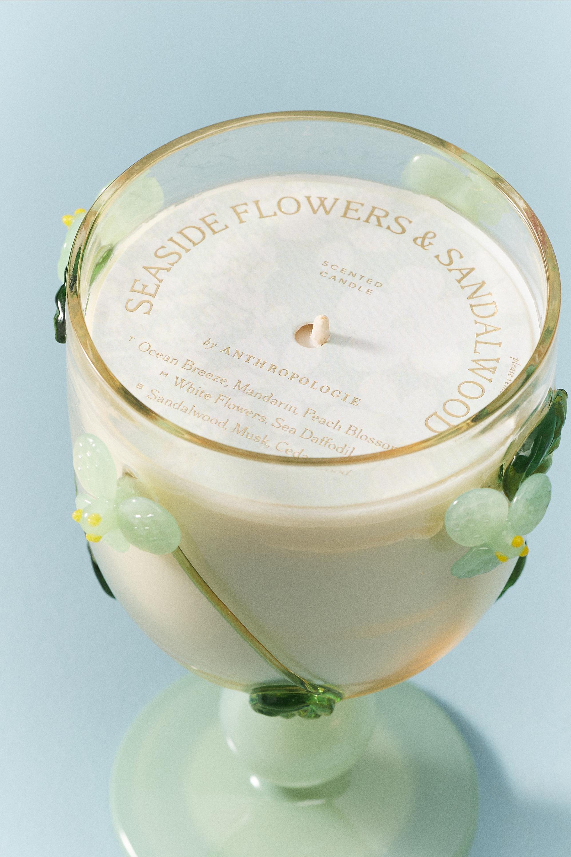 GREEN Vined Floral Seaside Flowers & Sandalwood Glass Candle, Green, large image number 3