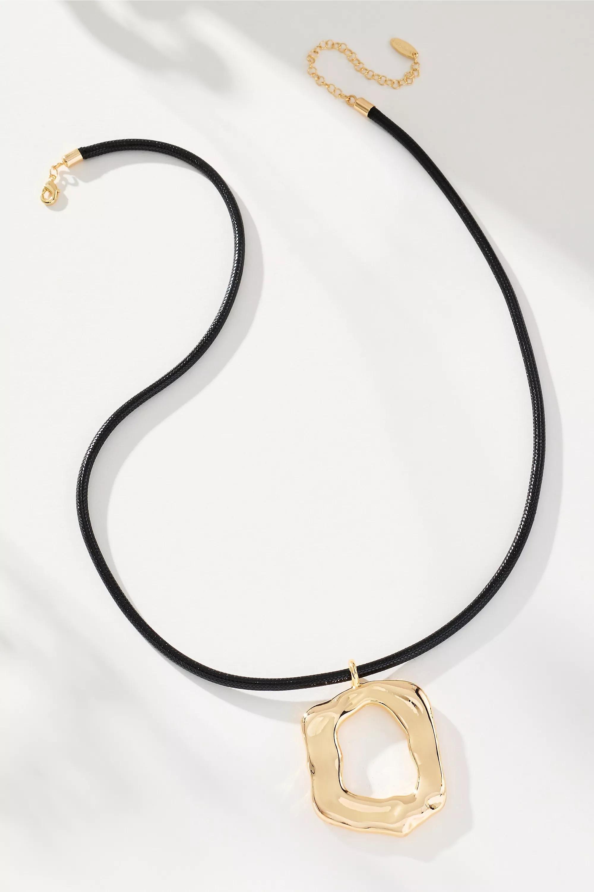 Round Pendant Cord Necklace, Black, Black, large image number 0