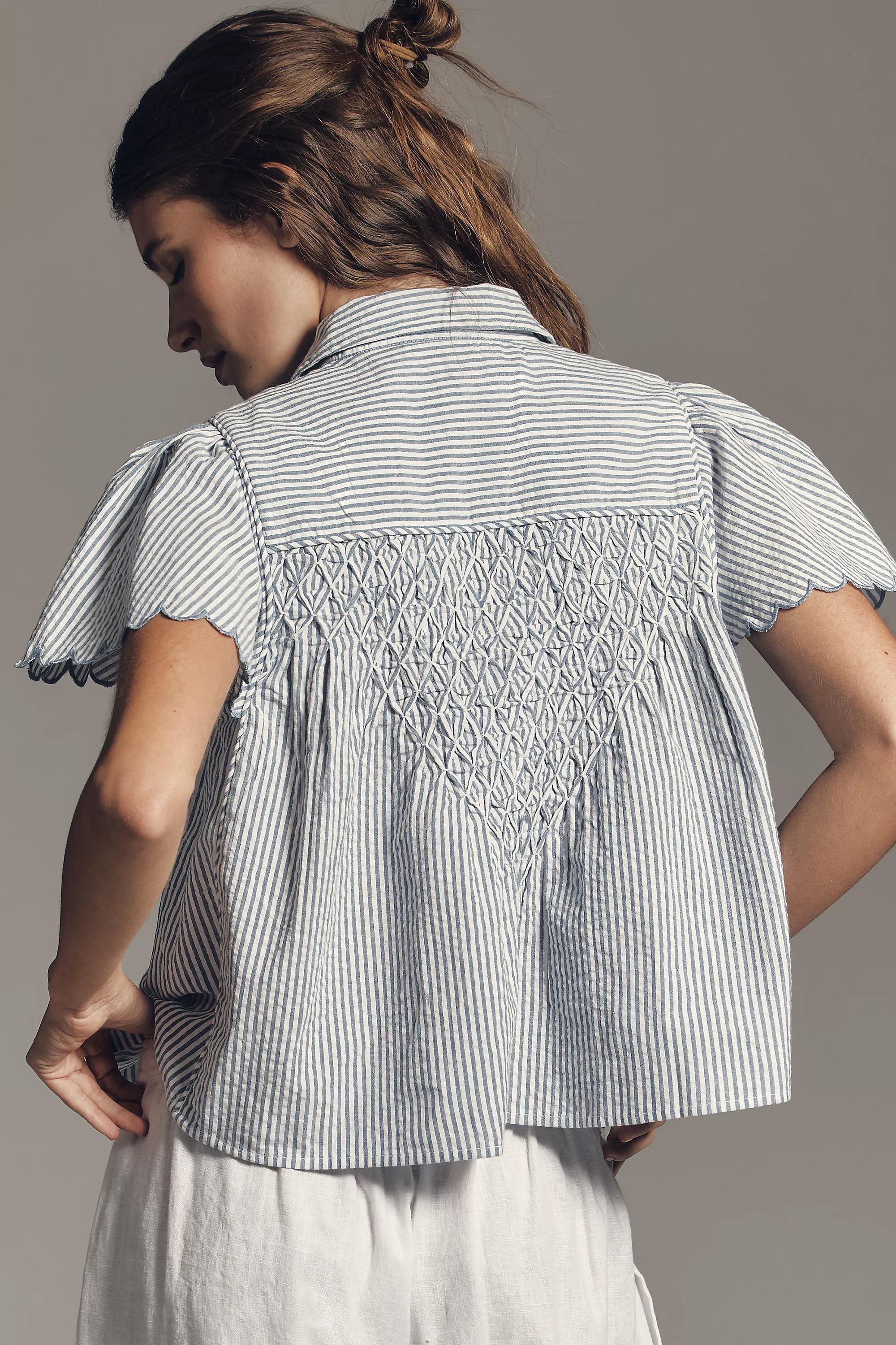 Blue Stripe Maeve Cotton Scalloped Swing Top, A501_0546, large image number 1