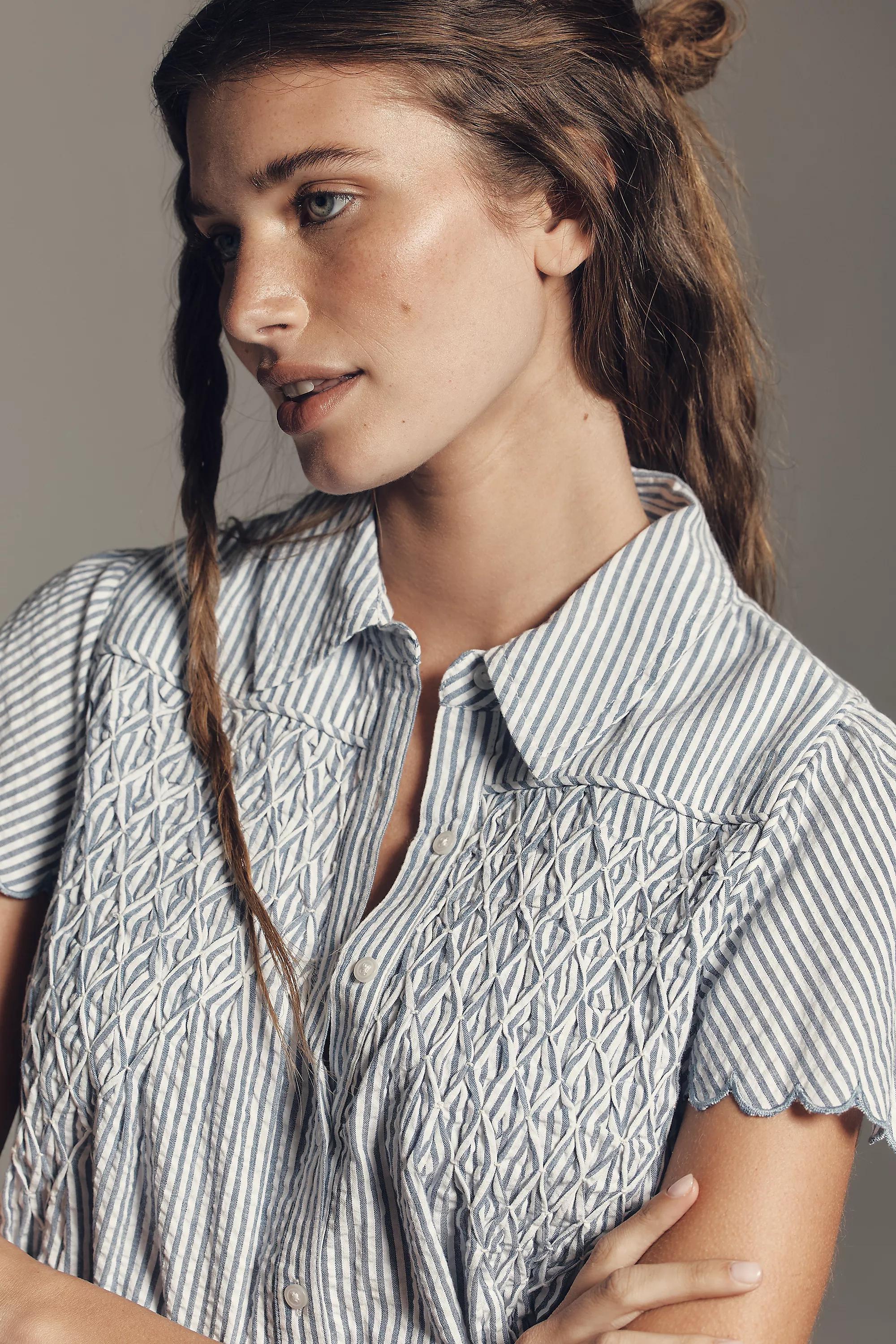 Blue Stripe Maeve Cotton Scalloped Swing Top, A501_0546, large image number 2