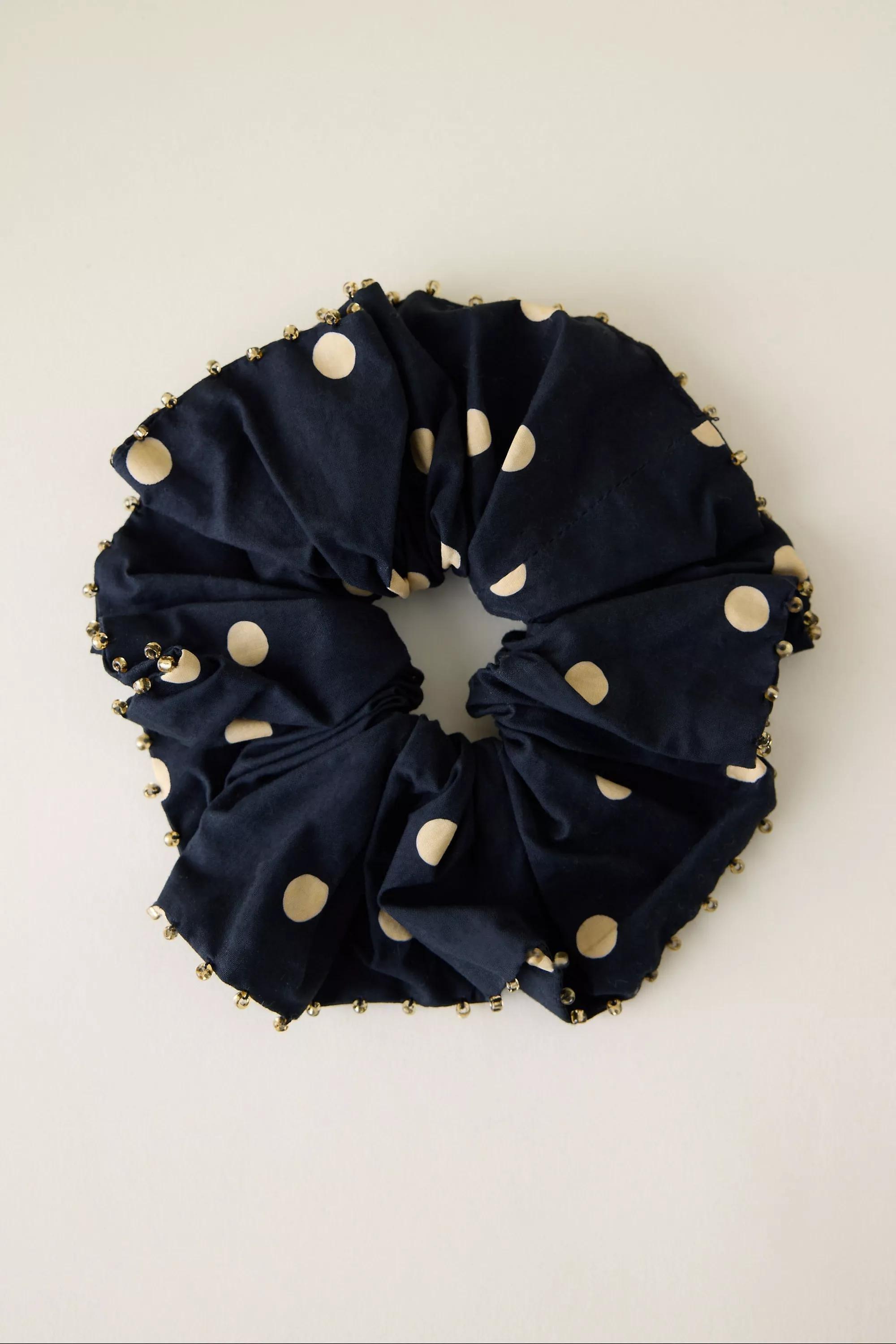 Beaded Polka Dot Scrunchie, Black, A501_0009, medium