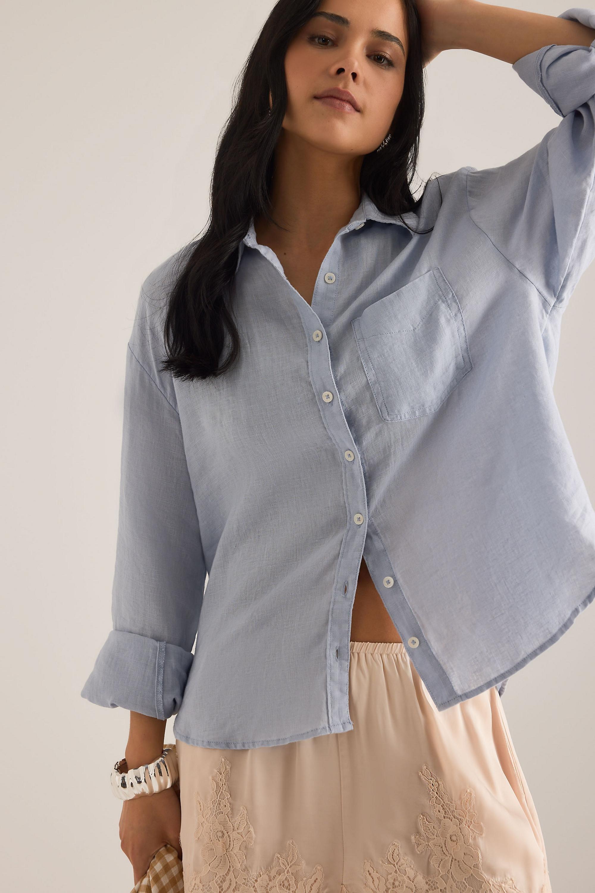By Maeve The Shrunken Bennet Linen Button-Down Shirt, Blue, A501_0048, large image number 3