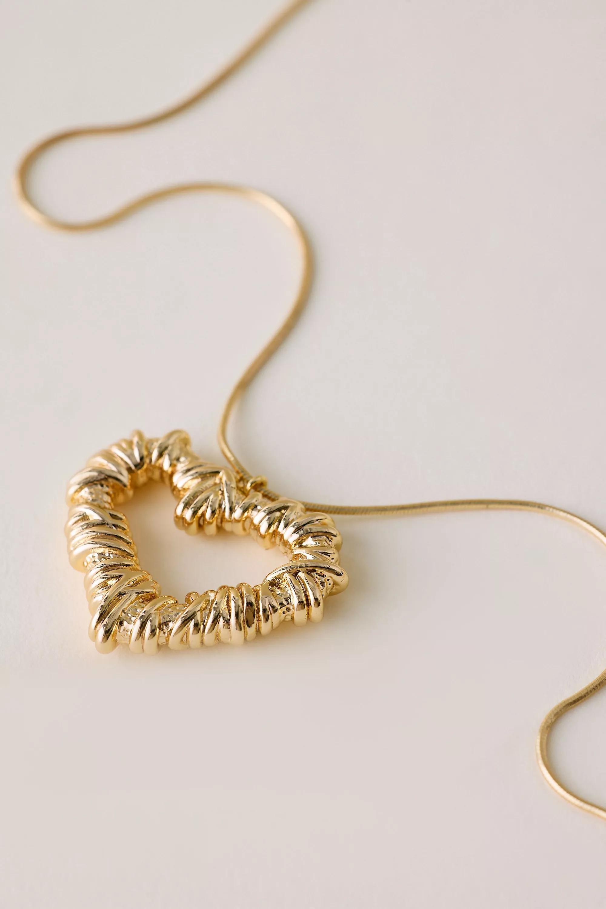 Textured Heart Pendant Necklace, Gold, Gold, large image number 1