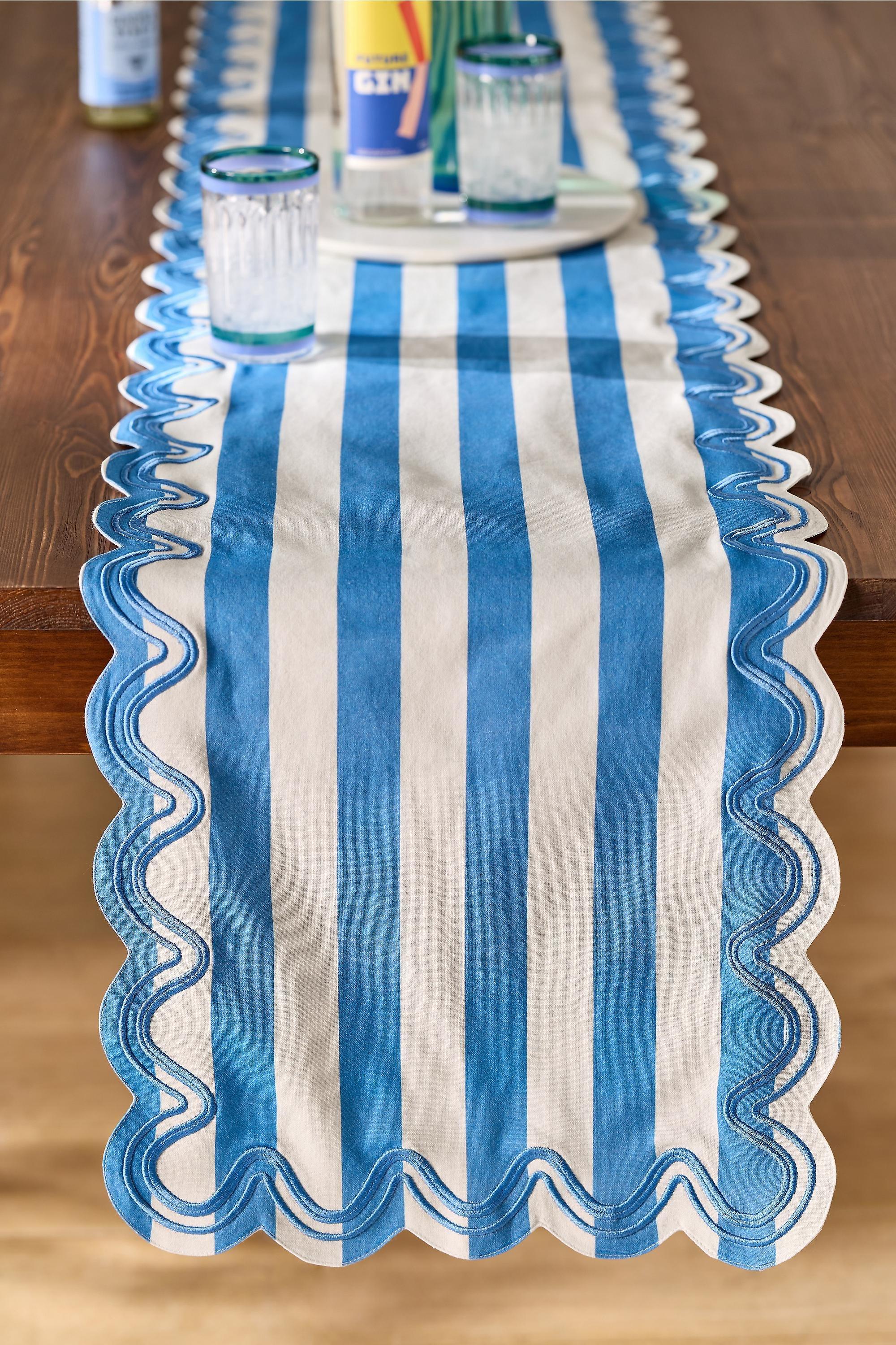 Madeline Embroidered D Table Runner, Blue, Blue, large image number 0