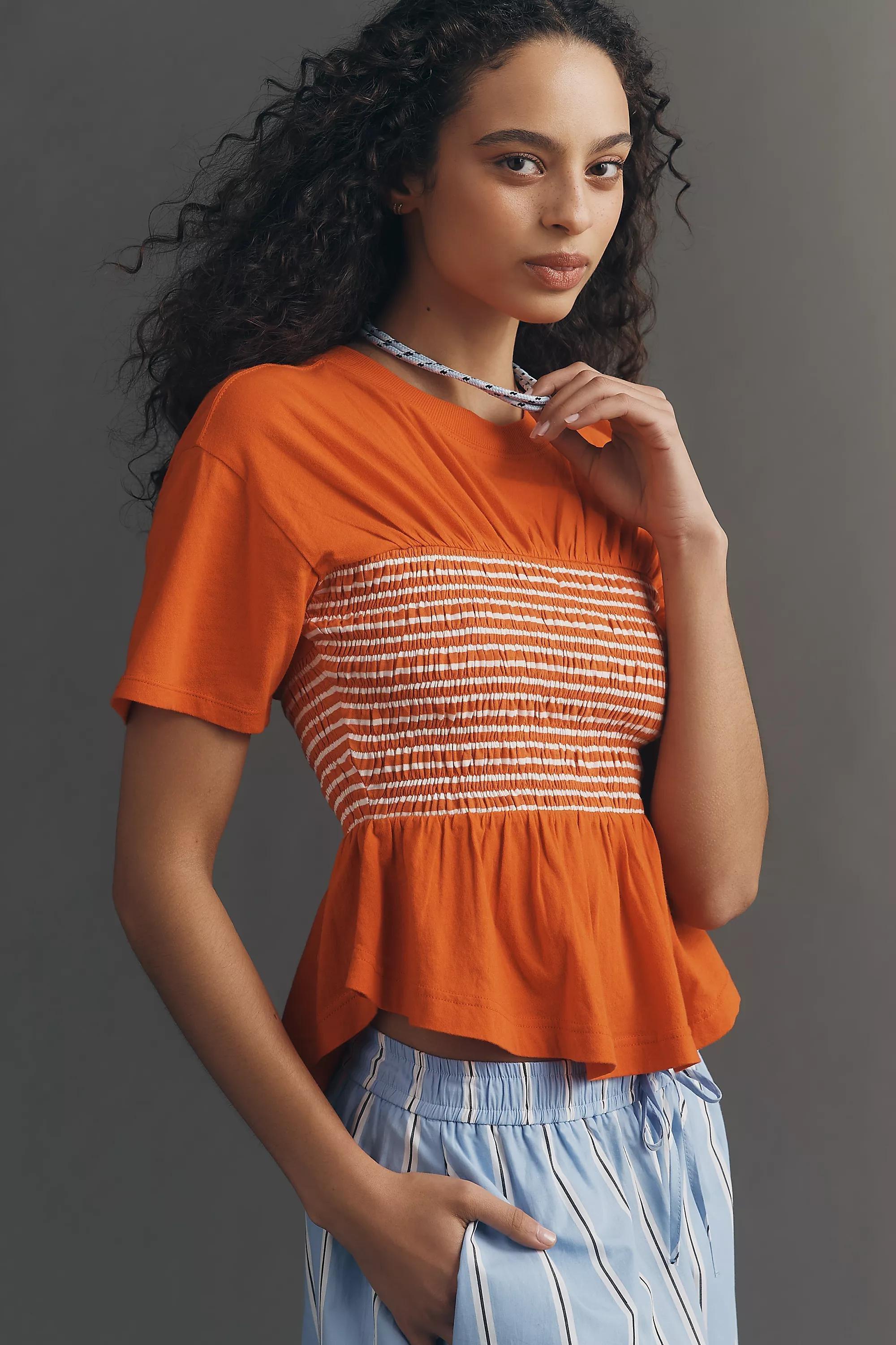 By Maeve Smocked Detail T-Shirt, Red Stripe, A501_0553, large image number 0