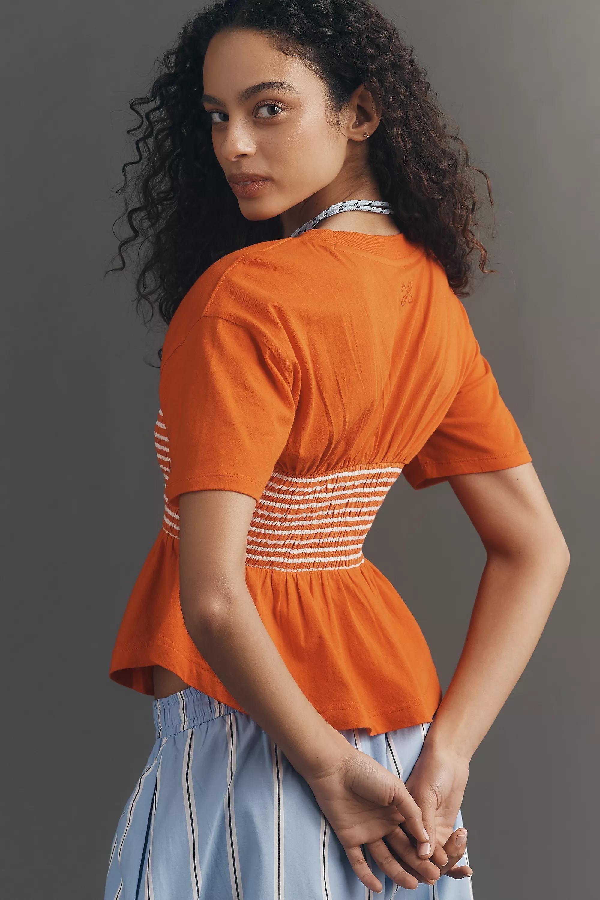 By Maeve Smocked Detail T-Shirt, Red Stripe, A501_0553, large image number 1