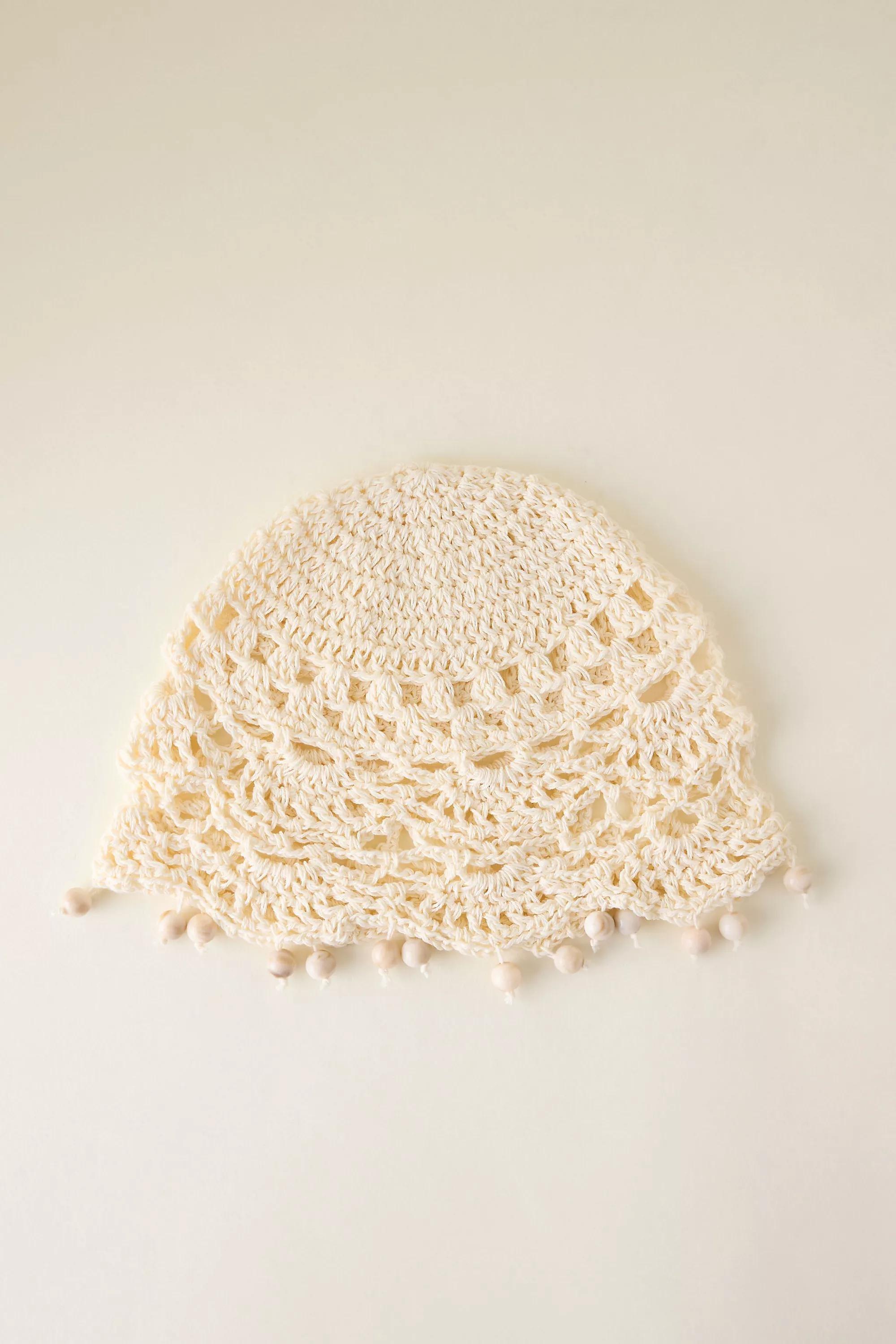 Crochet Beaded Skull Cap, White, Cream, medium