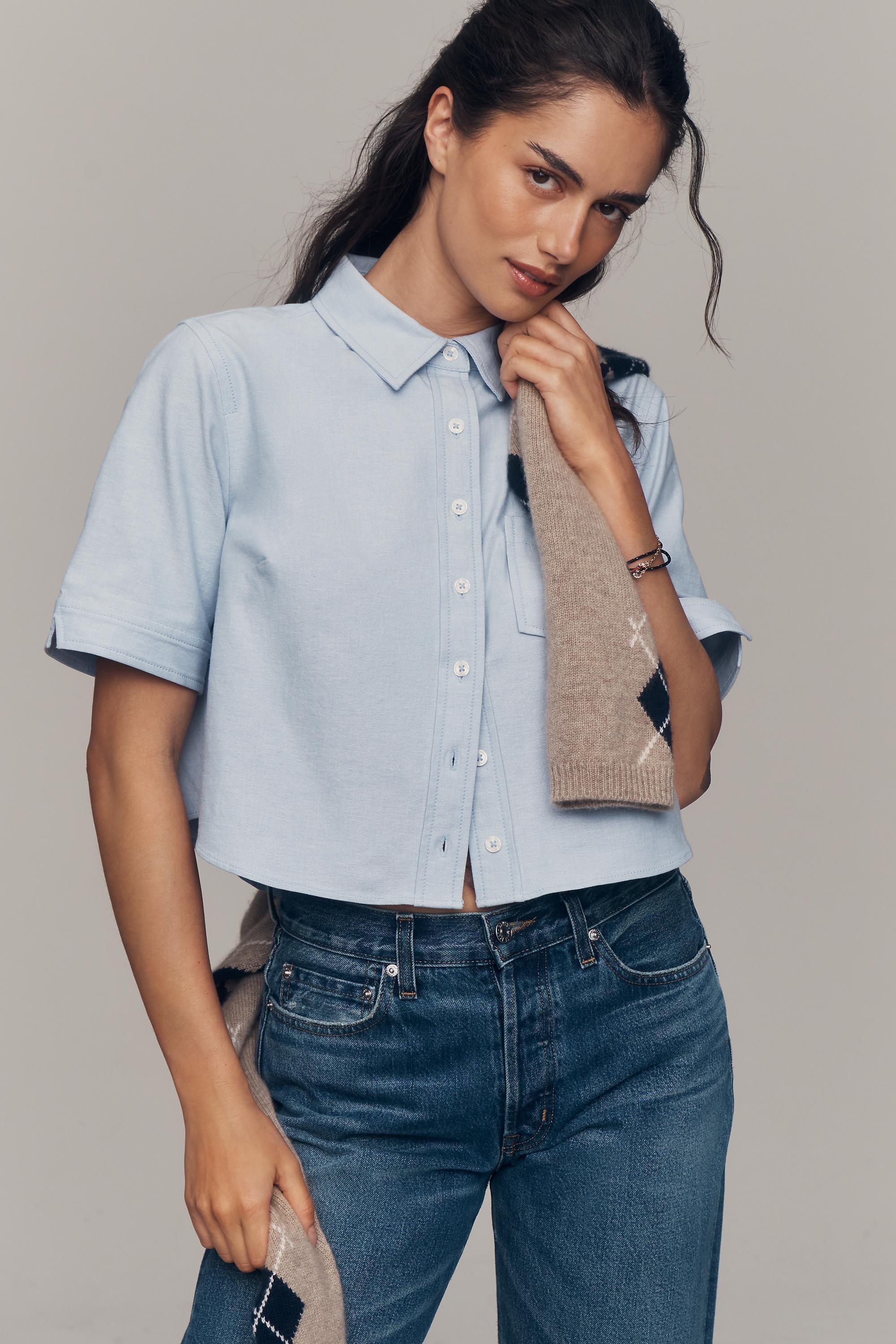 Merritt Short-Sleeve Cropped Button-Down Shirt By Maeve, Blue, Blue, large image number 0