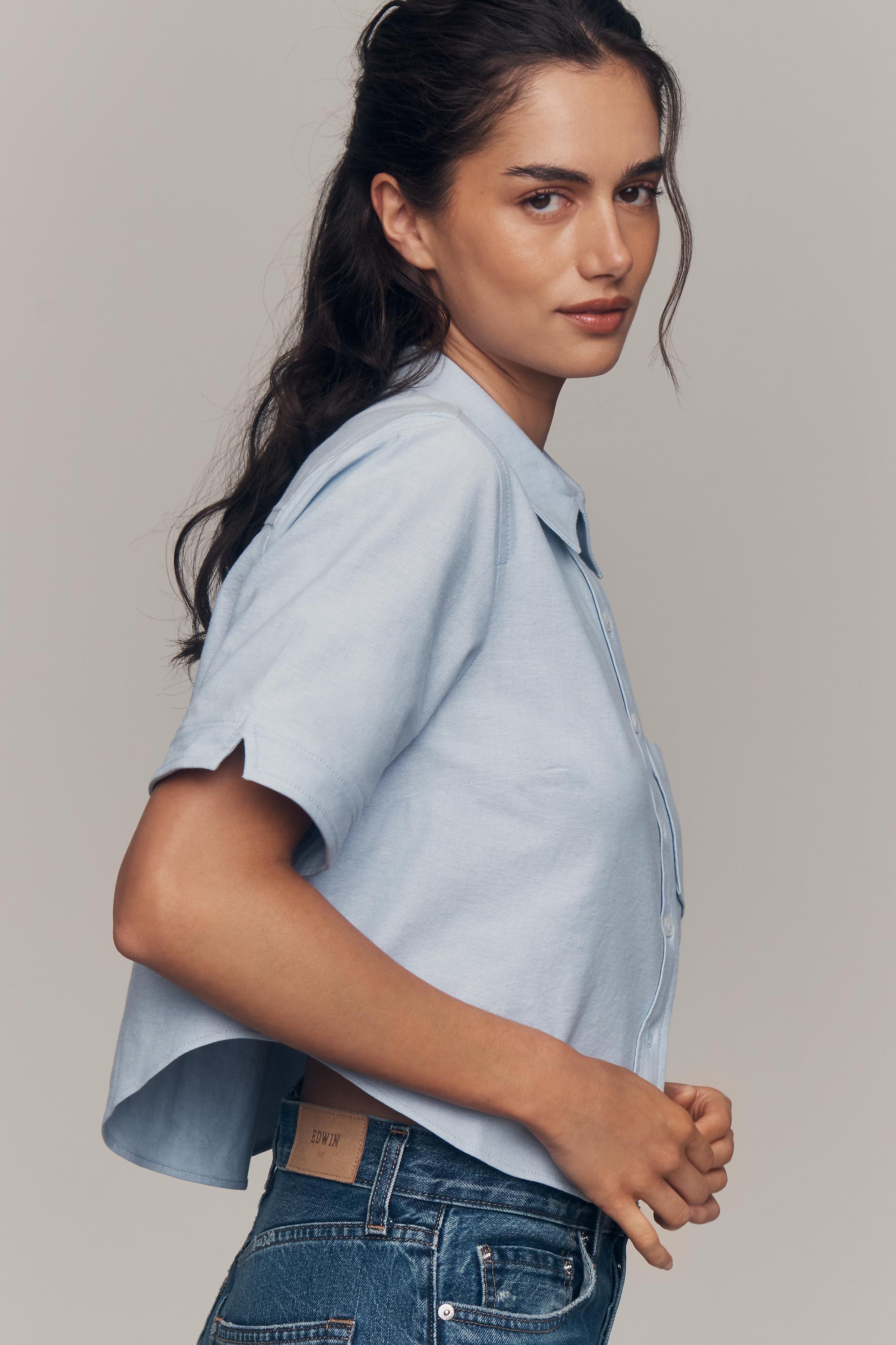 Merritt Short-Sleeve Cropped Button-Down Shirt By Maeve, Blue, Blue, large image number 1