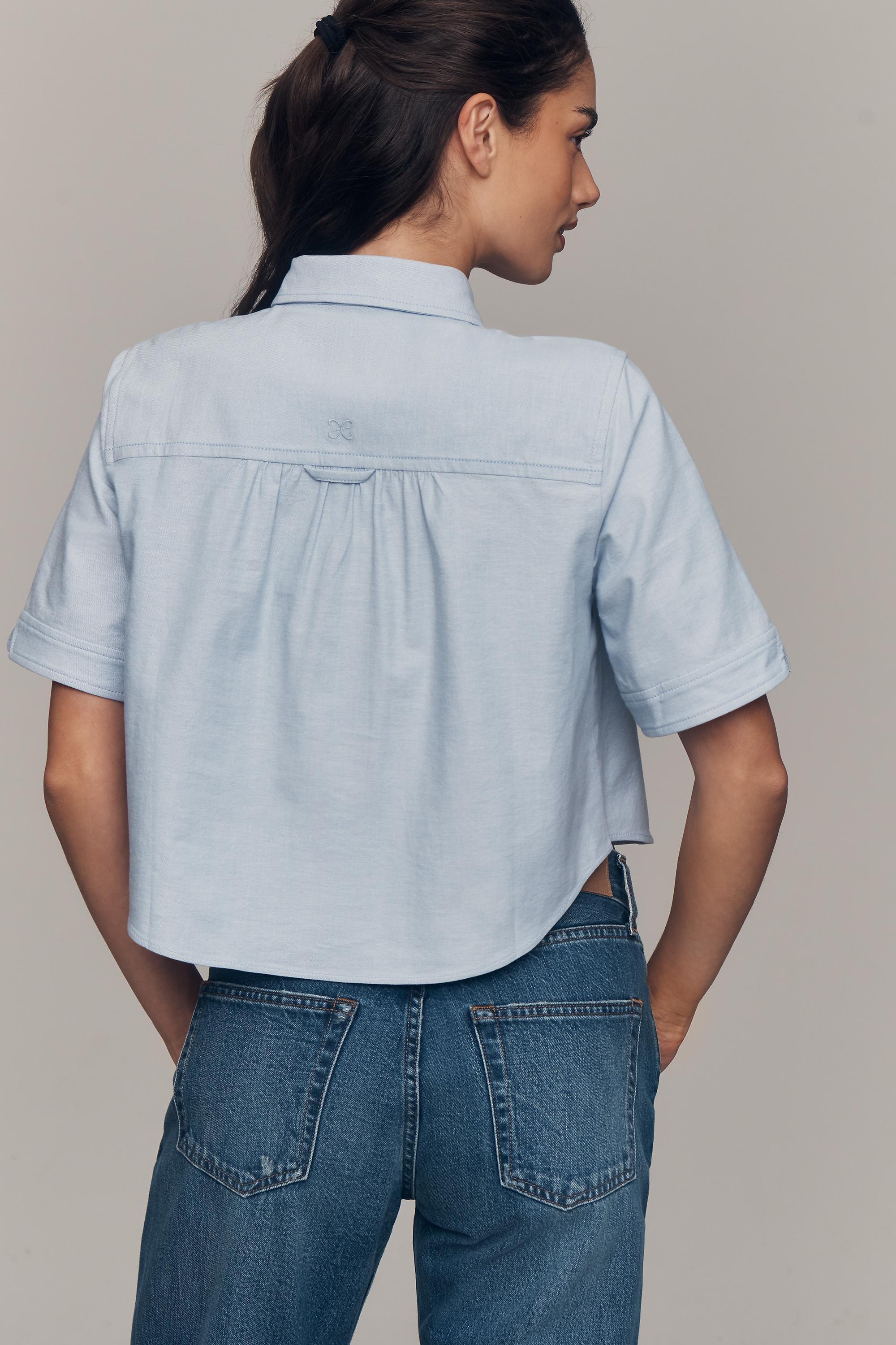 Merritt Short-Sleeve Cropped Button-Down Shirt By Maeve, Blue, Blue, large image number 2