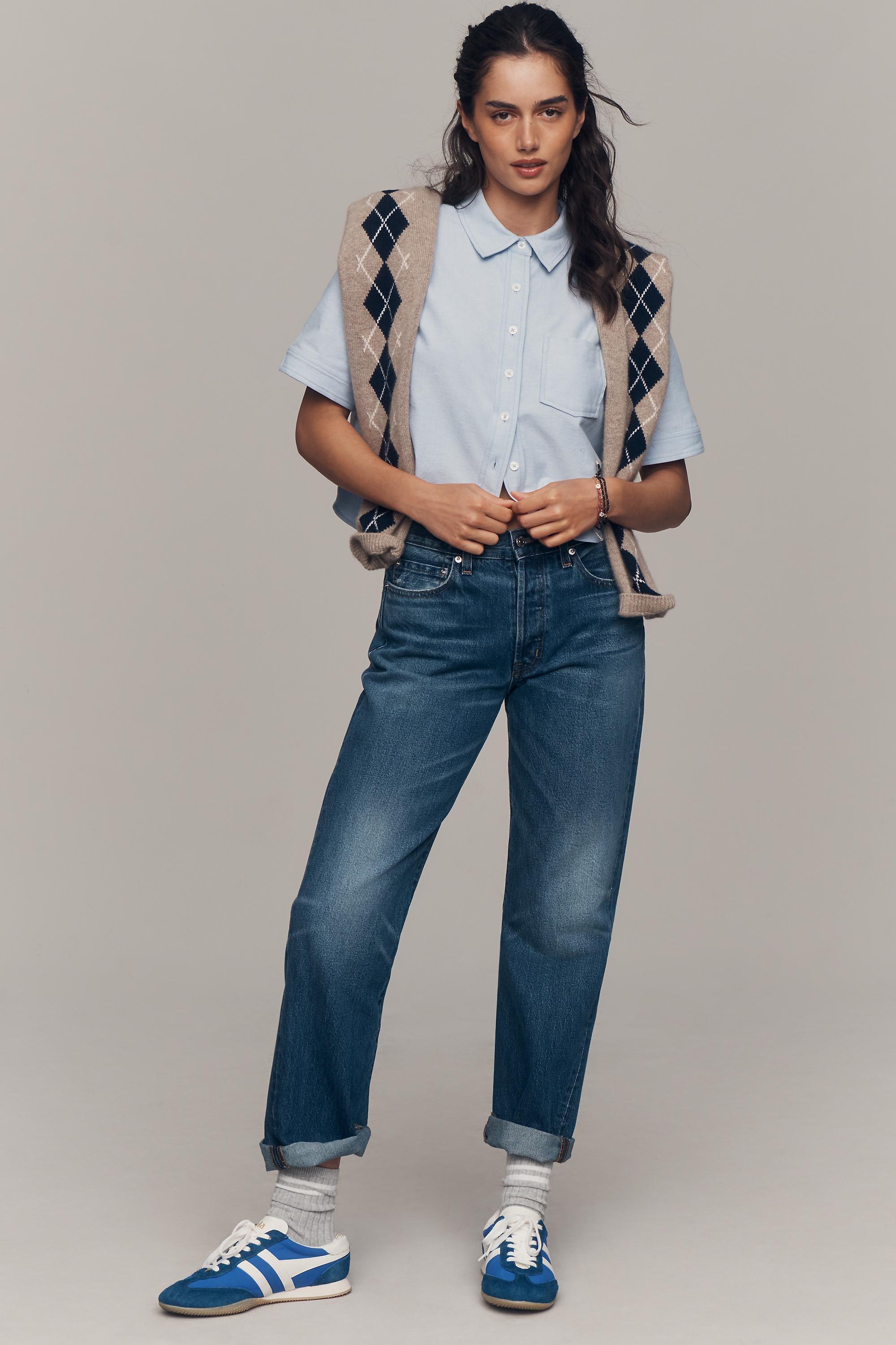 Merritt Short-Sleeve Cropped Button-Down Shirt By Maeve, Blue, Blue, large image number 3