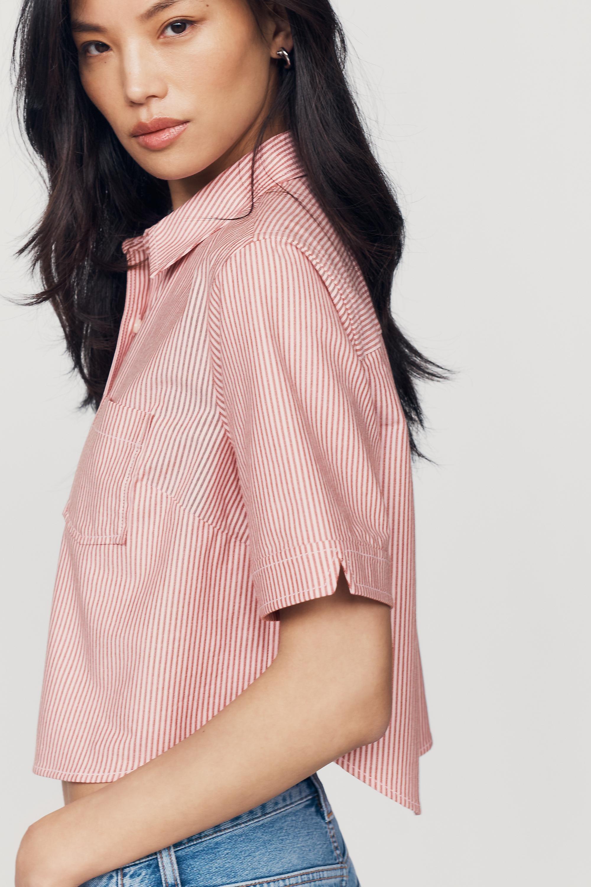 Merritt Short-Sleeve Cropped Buttondown Shirt by Maeve, Women, Pink, large image number 1