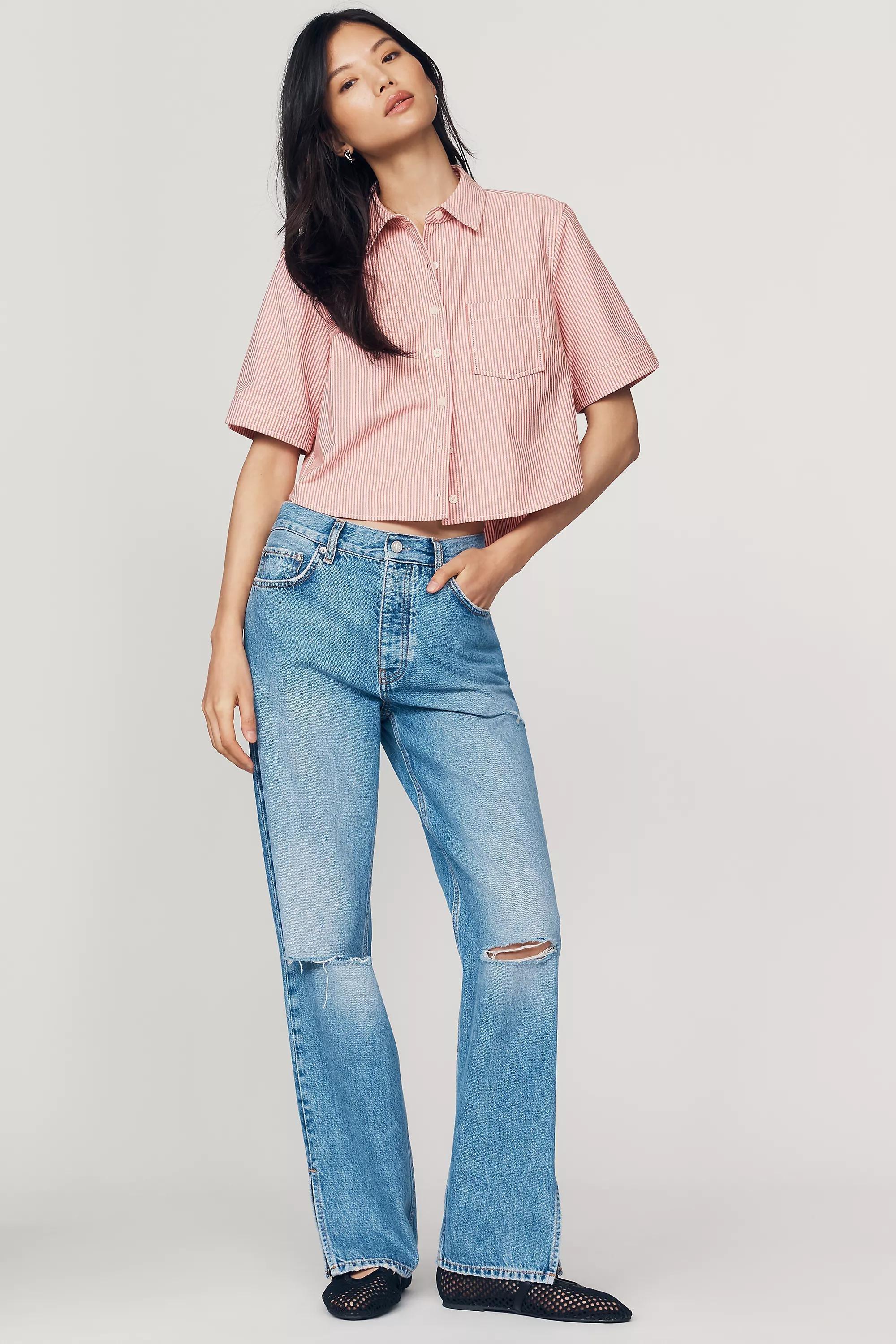 Merritt Short-Sleeve Cropped Buttondown Shirt by Maeve, Women, Pink, large image number 4