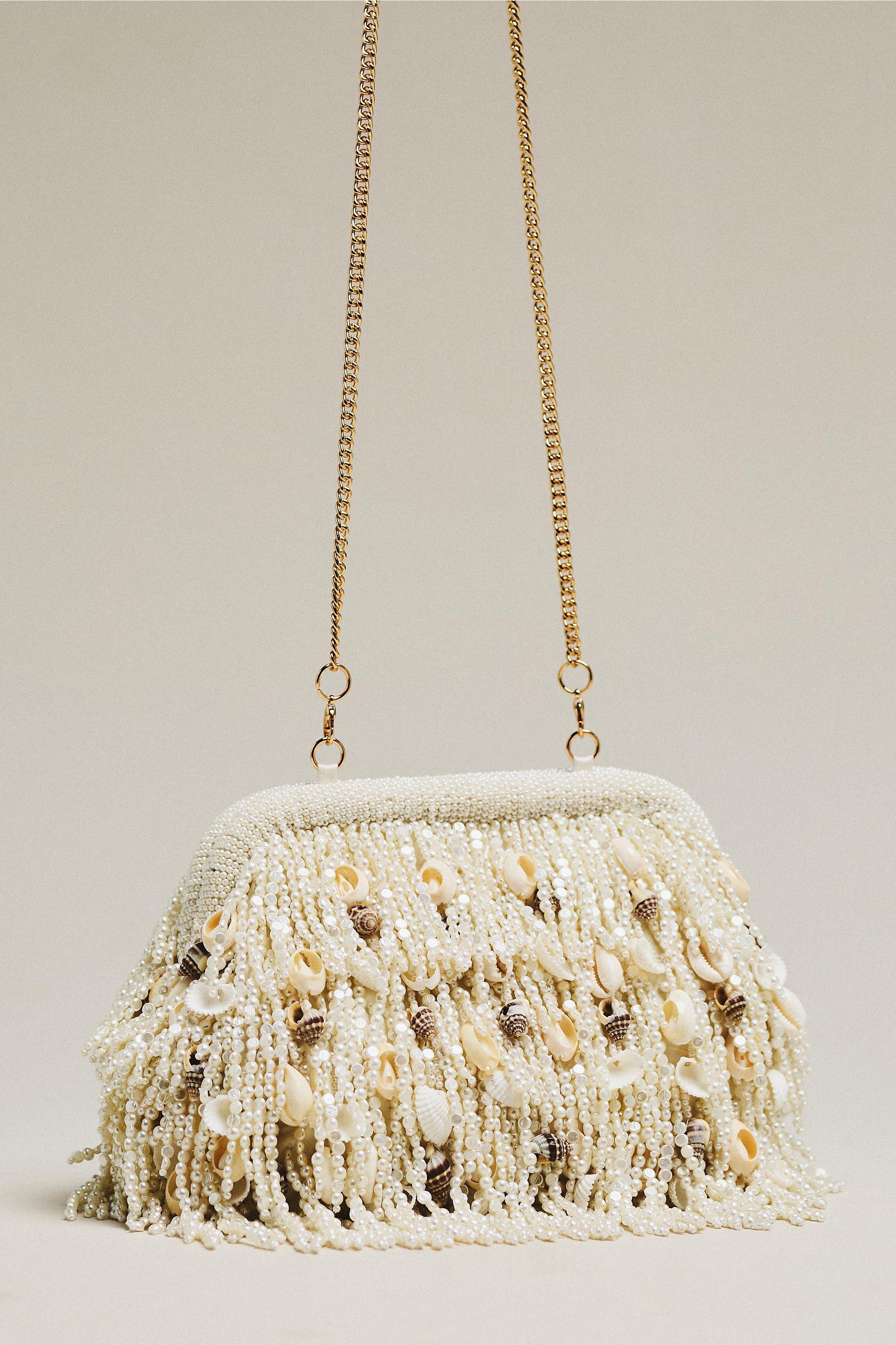 White Beaded Pearl & Shell Fringed Clutch Bag, A501_0010, large image number 0