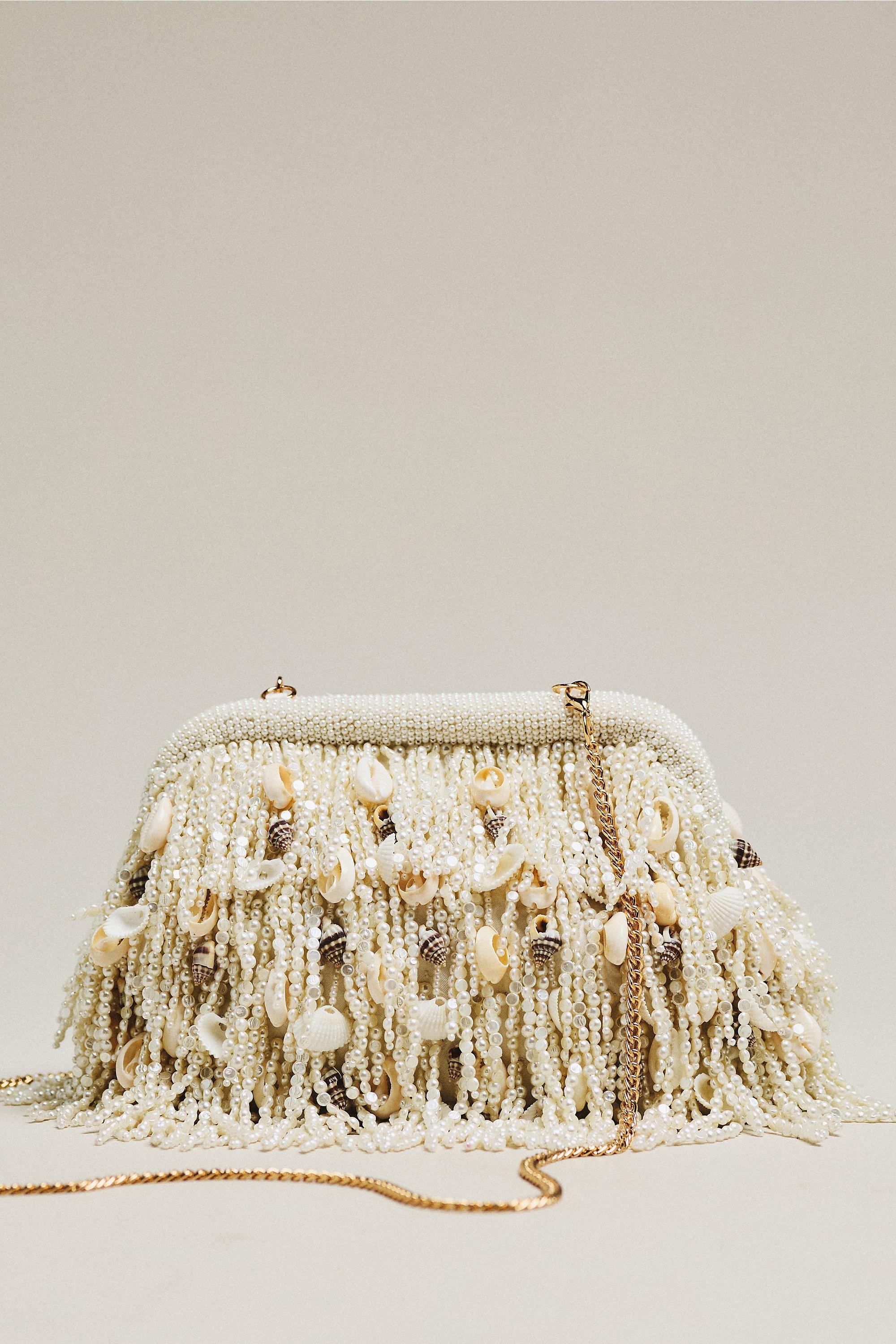 White Beaded Pearl & Shell Fringed Clutch Bag, A501_0010, large image number 2